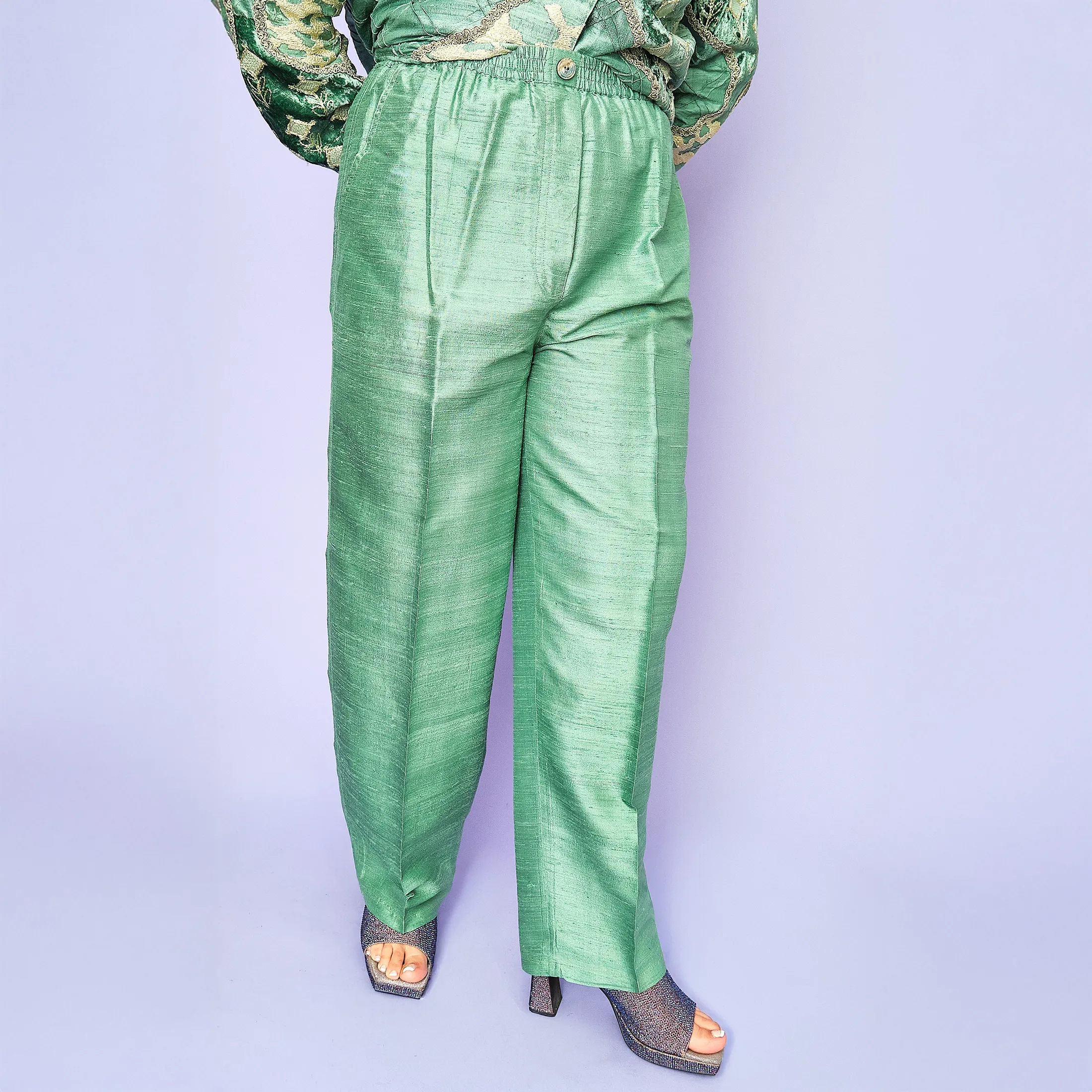 1980s Sandy Starkman Raw Silk & Silk Velvet Two-Piece Set – Size 12/14 - Image 3