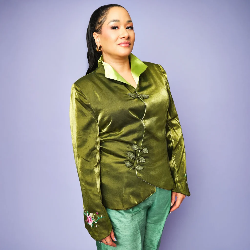 Vintage Silk Mandarin Jacket: 90s Olive Elegance