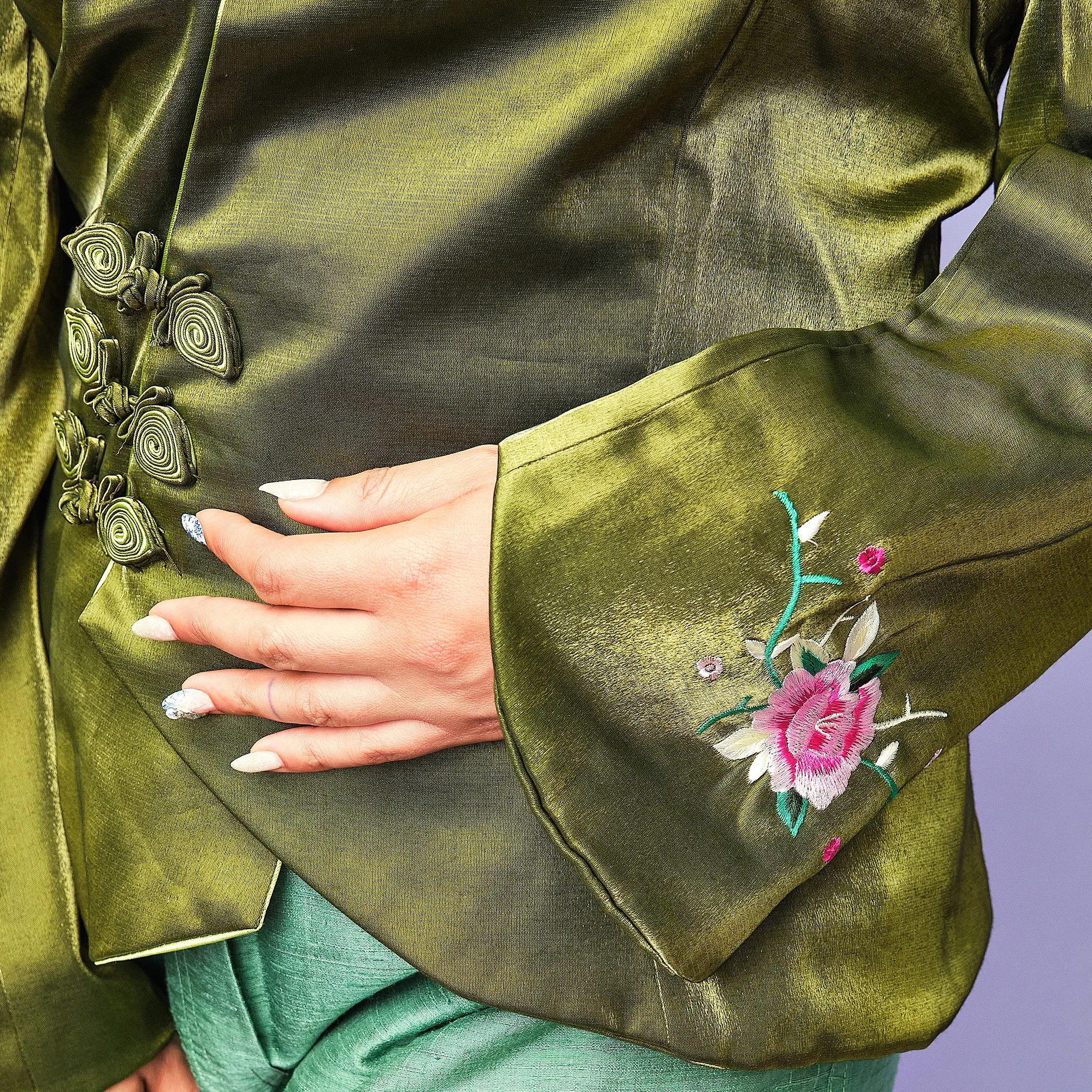 Late 1990s–Early 2000s Olive Silk Mandarin Jacket – size 10/12 - Image 3