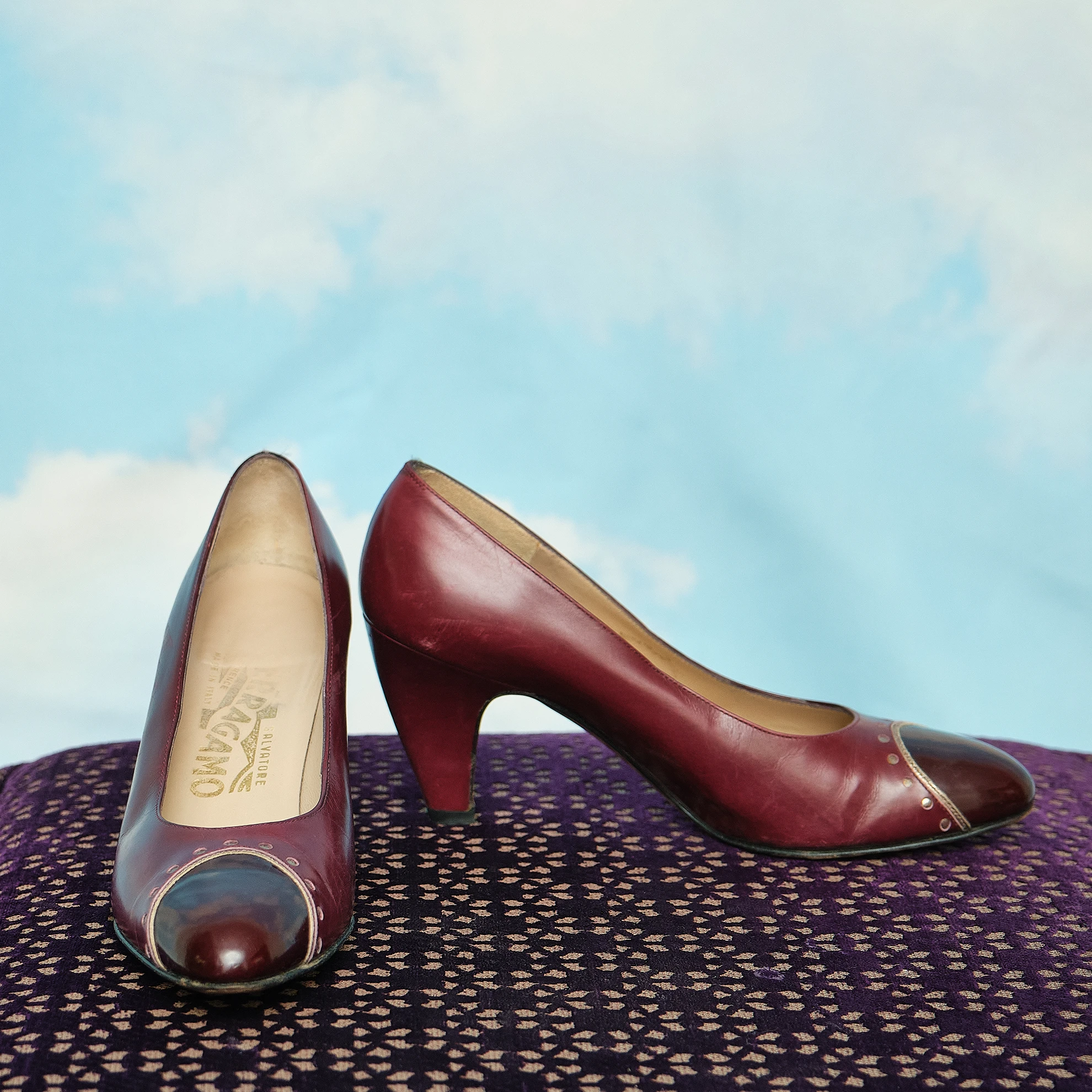 1990s Salvatore Ferragamo Burgundy Leather Patent Cap-Toe Pumps, Modern US 4.5/5