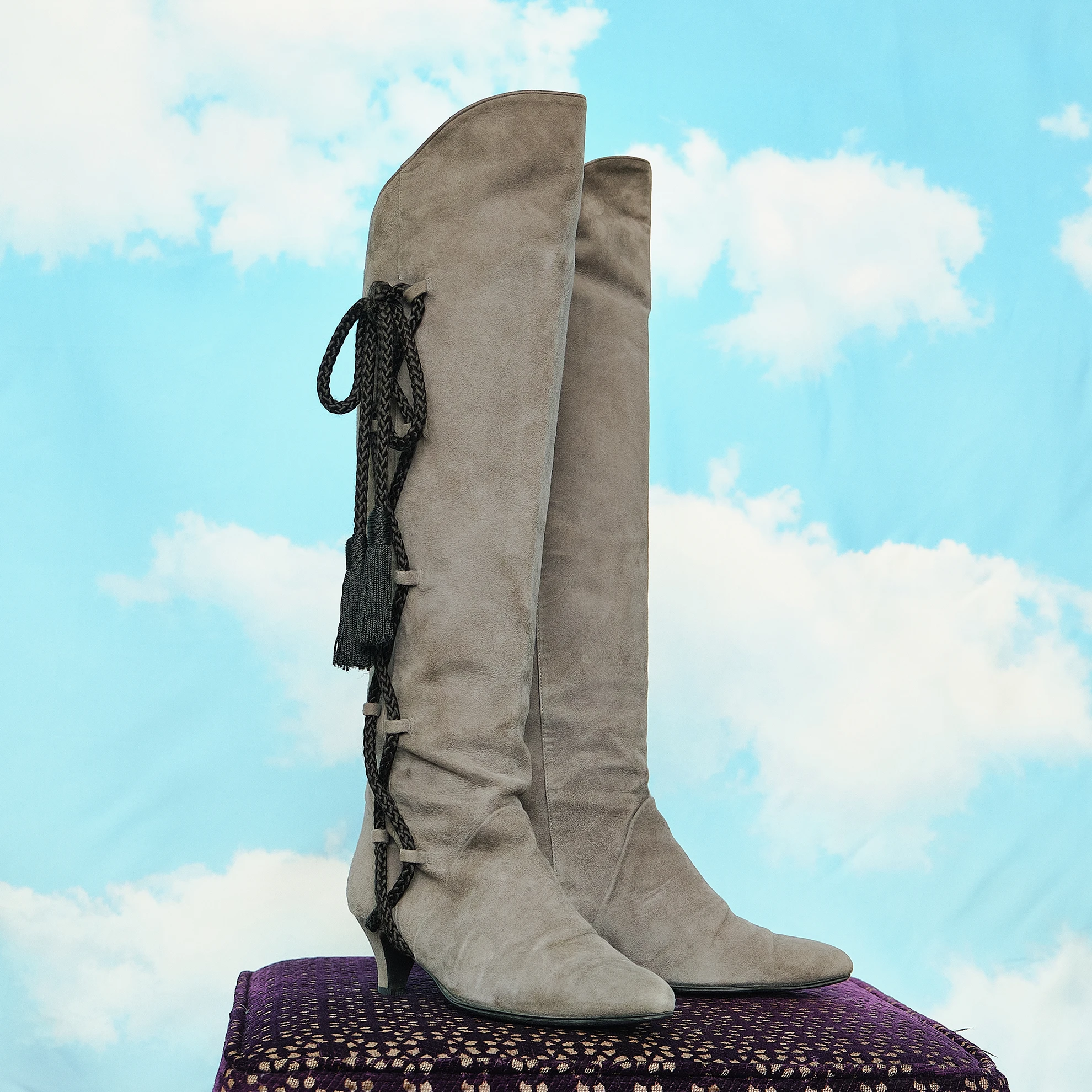 Late 1990s/Early 2000s Yves Saint Laurent Taupe Suede Tassel Knee-High Boots, Modern US 5.5/6