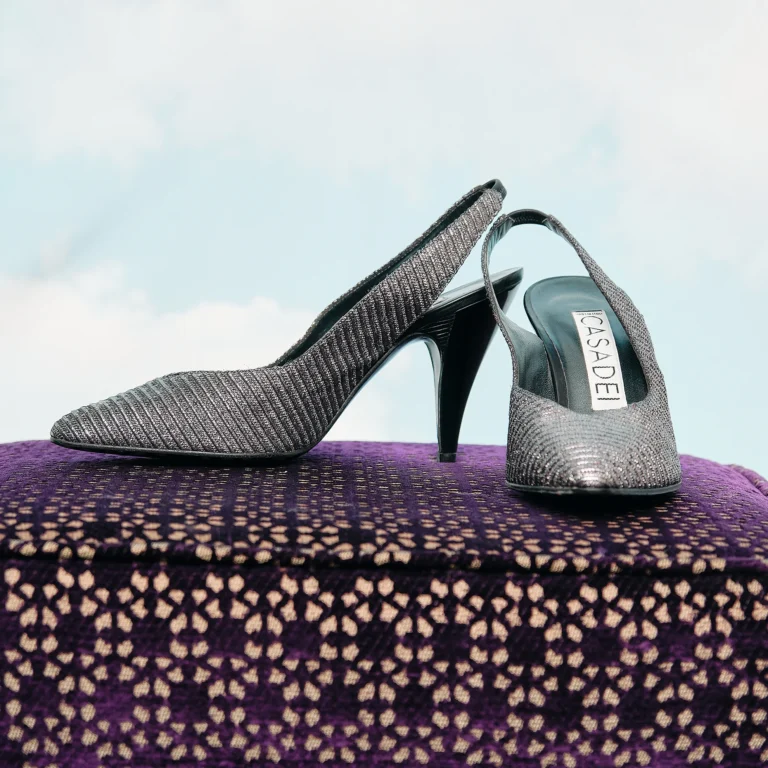 Late 1980s/Early 1990s Casadei Gunmetal Metallic Ribbed Slingback Pumps, Size Unmarked