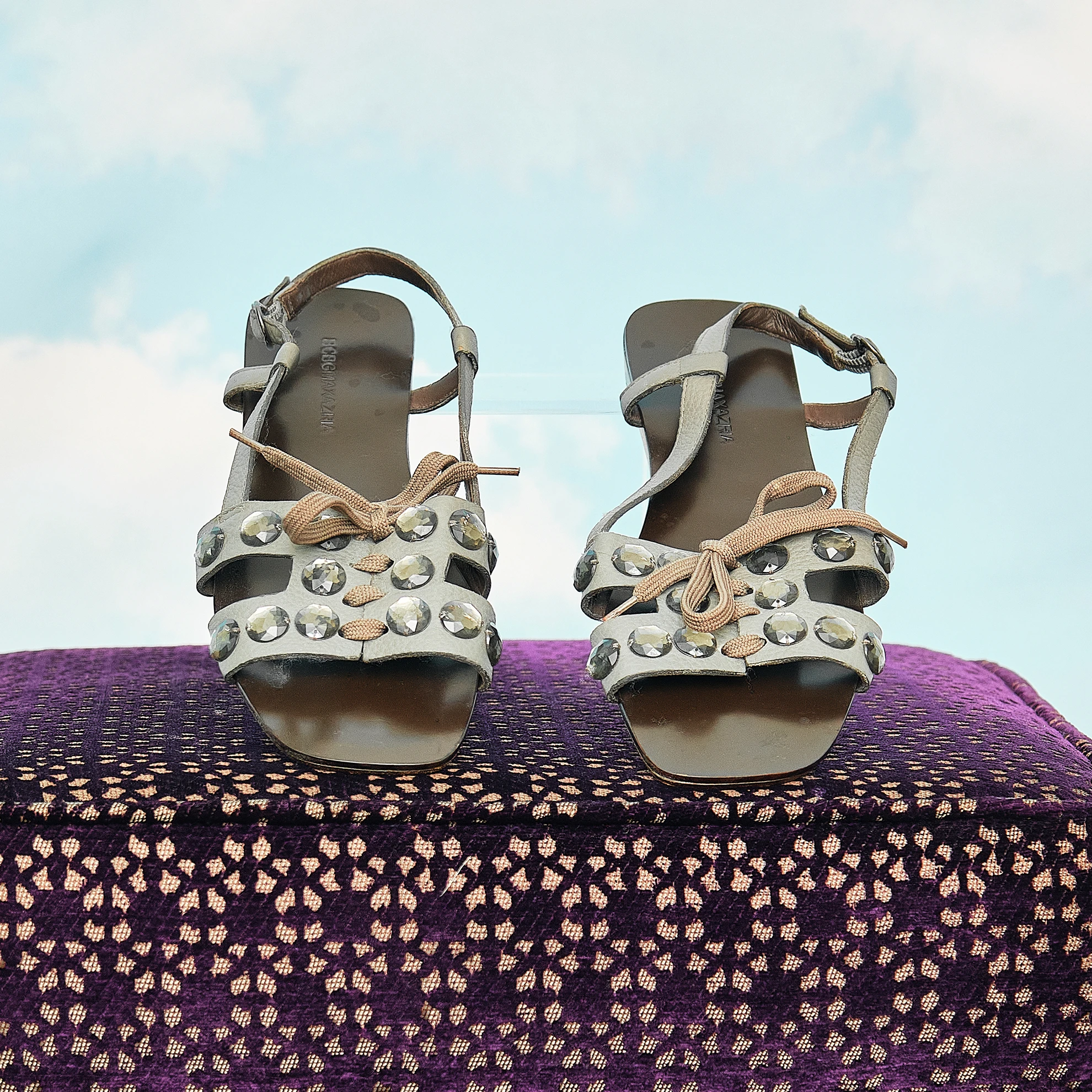 2000s BCBGMAXAZRIA Taupe Leather Faceted-Stone Lace-Up Flat Sandals, Modern US 7/7.5