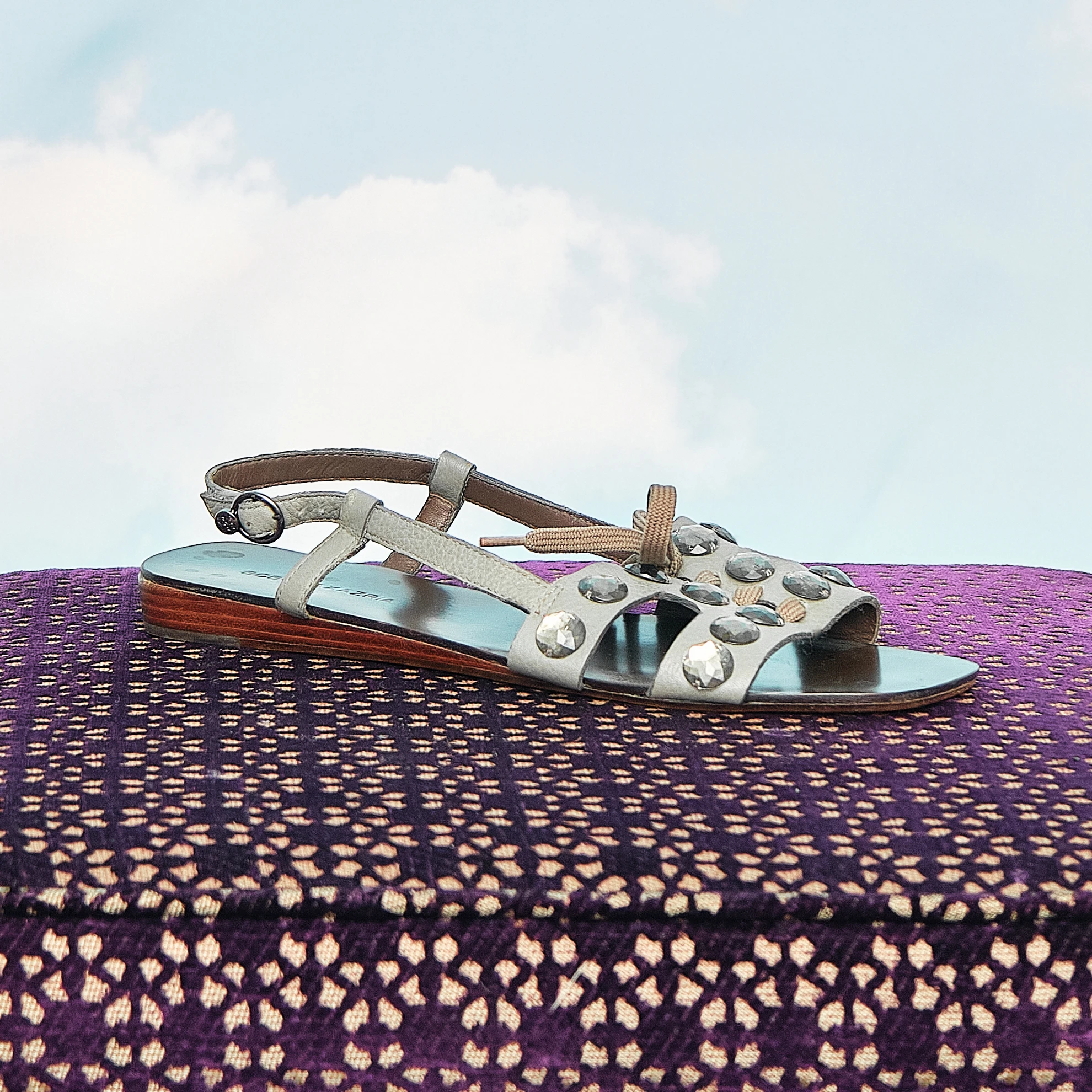 2000s BCBGMAXAZRIA Taupe Leather Faceted-Stone Lace-Up Flat Sandals, Modern US 7/7.5 - Image 6