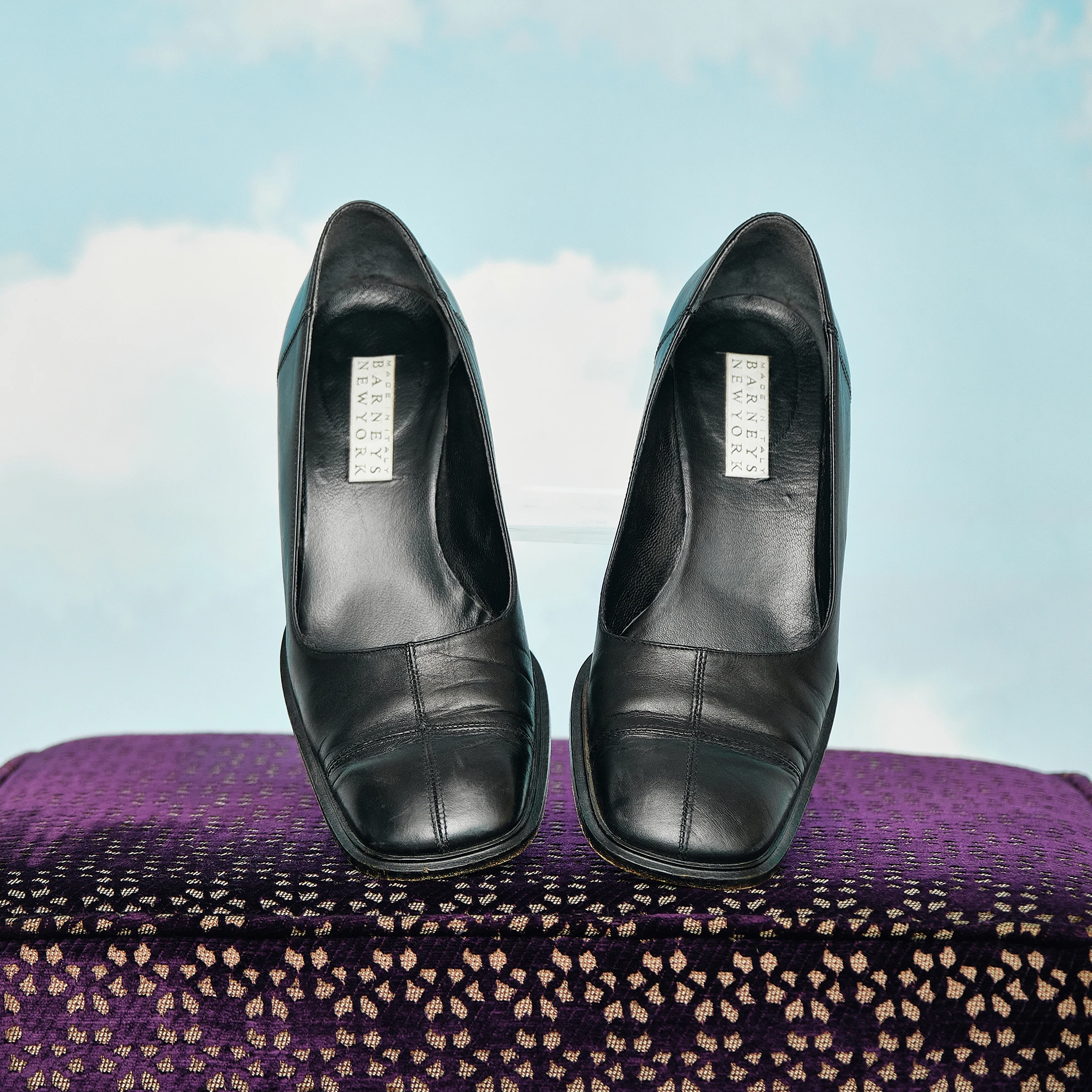 1990s Barneys New York Black Leather Square-Toe Block-Heel Pumps, US 7 - Image 5