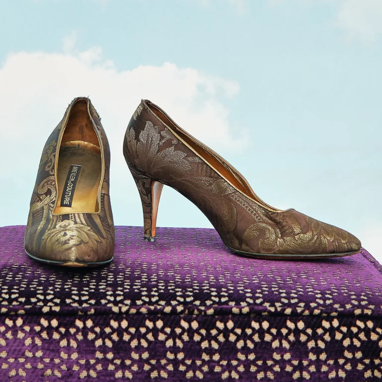 Late 1980s/Early 1990s Marcello Couture Brown and Antique-Gold Floral Brocade Pumps, US 10 M