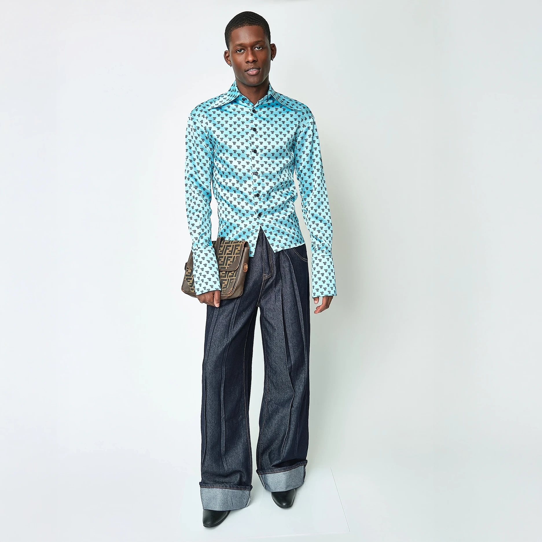 1970s Turquoise TP Monogram Dagger-Collar Shirt, Modern Men’s S - Image 3