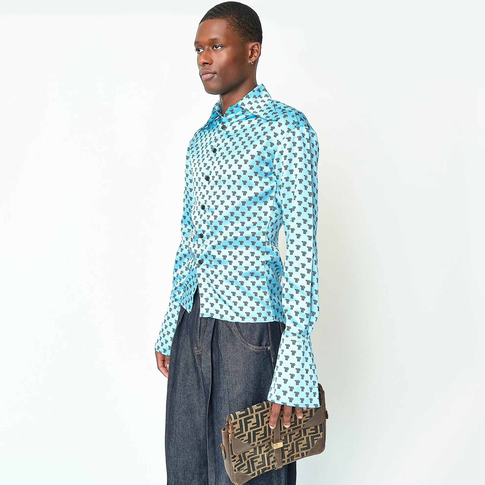 1970s Turquoise TP Monogram Dagger-Collar Shirt, Modern Men’s S - Image 6