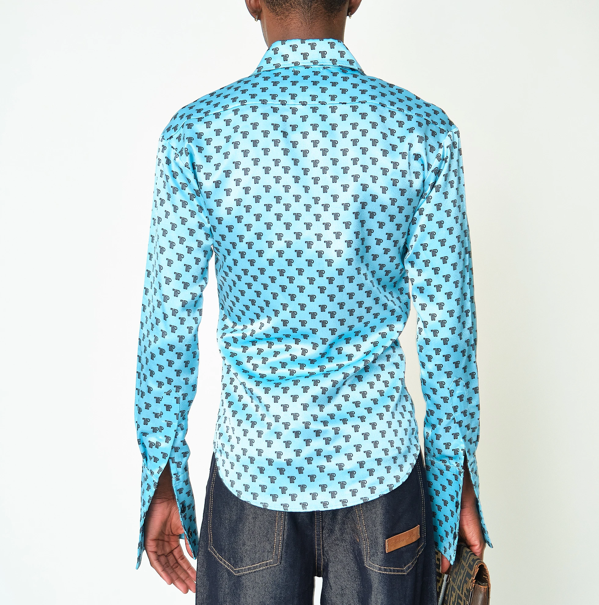 1970s Turquoise TP Monogram Dagger-Collar Shirt, Modern Men’s S - Image 4