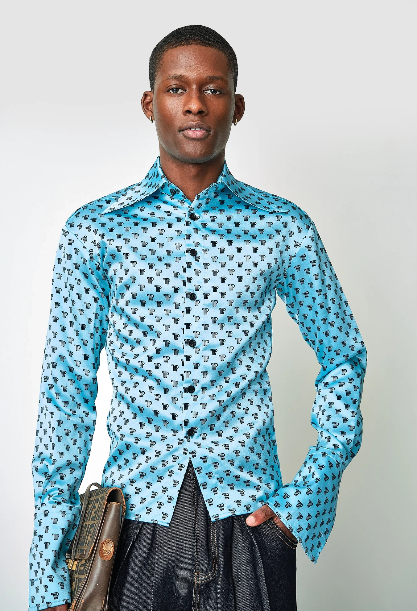 1970s Turquoise TP Monogram Dagger-Collar Shirt, Modern Men’s S - Image 2