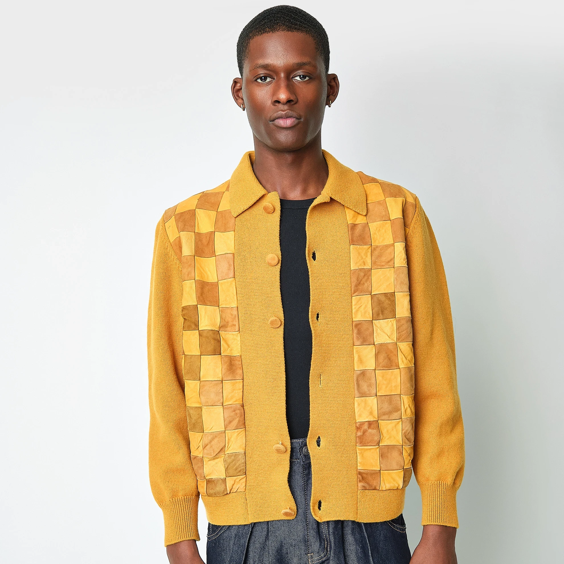 1970s Mustard Patchwork Knit Cardigan Jacket, Men’s S/M - Image 3