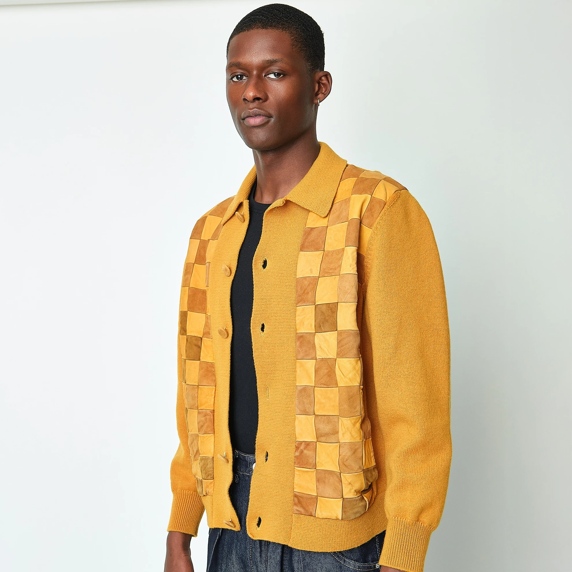 1970s Mustard Patchwork Knit Cardigan Jacket, Men’s S/M - Image 2