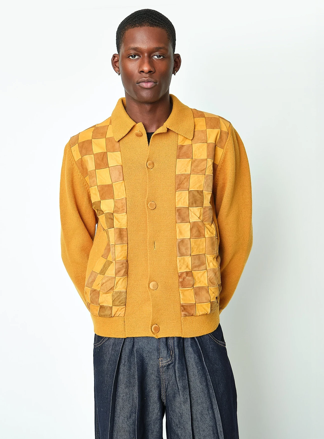 1970s Mustard Patchwork Knit Cardigan Jacket, Men’s S/M - Image 8