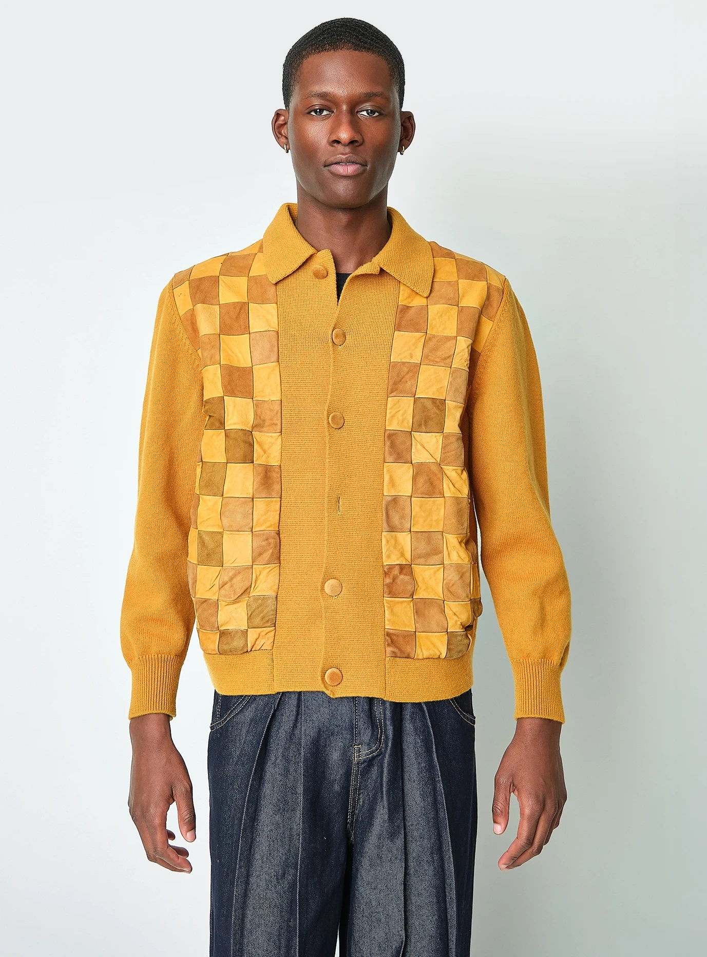 1970s Mustard Patchwork Knit Cardigan Jacket, Men’s S/M - Image 7