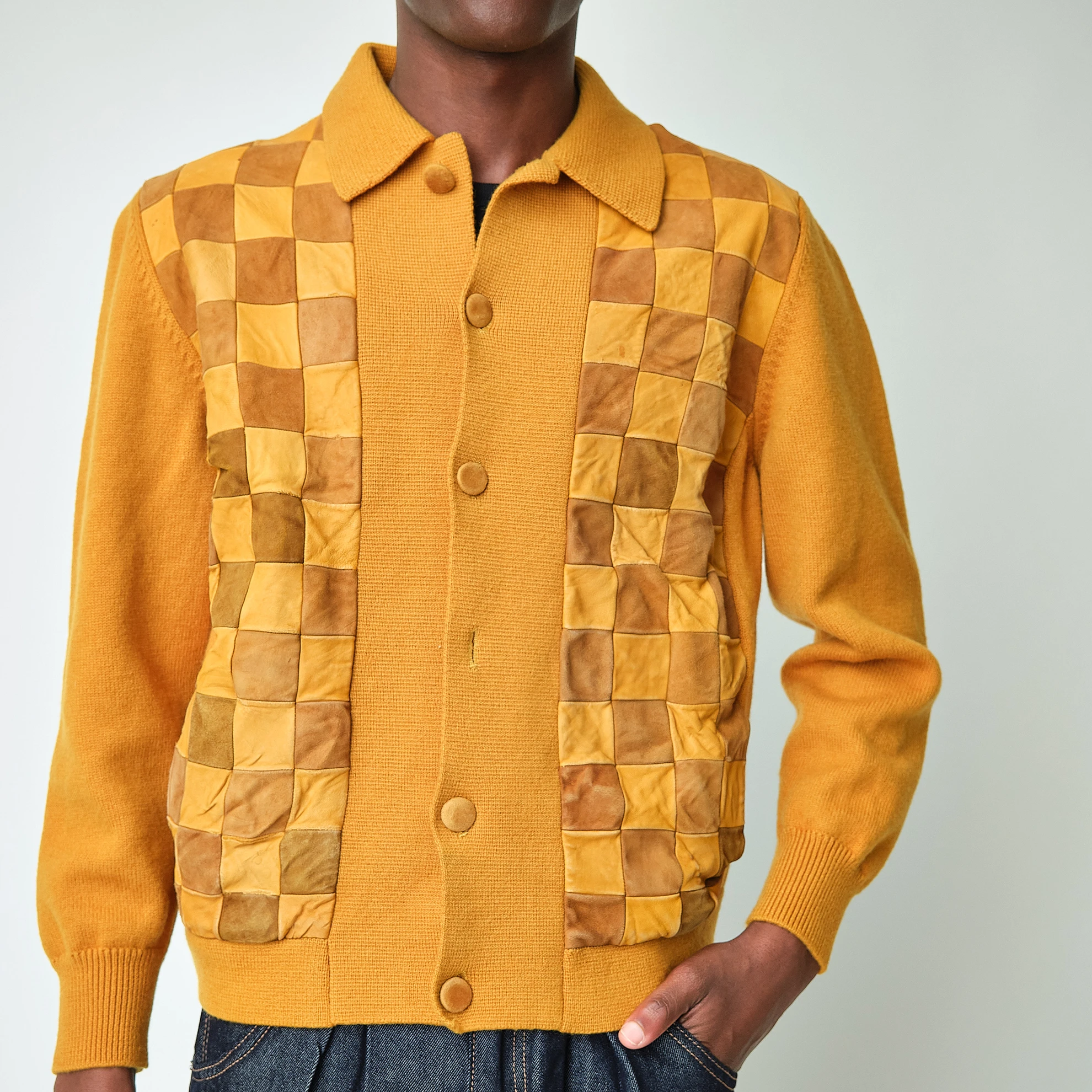 1970s Mustard Patchwork Knit Cardigan Jacket, Men’s S/M - Image 4