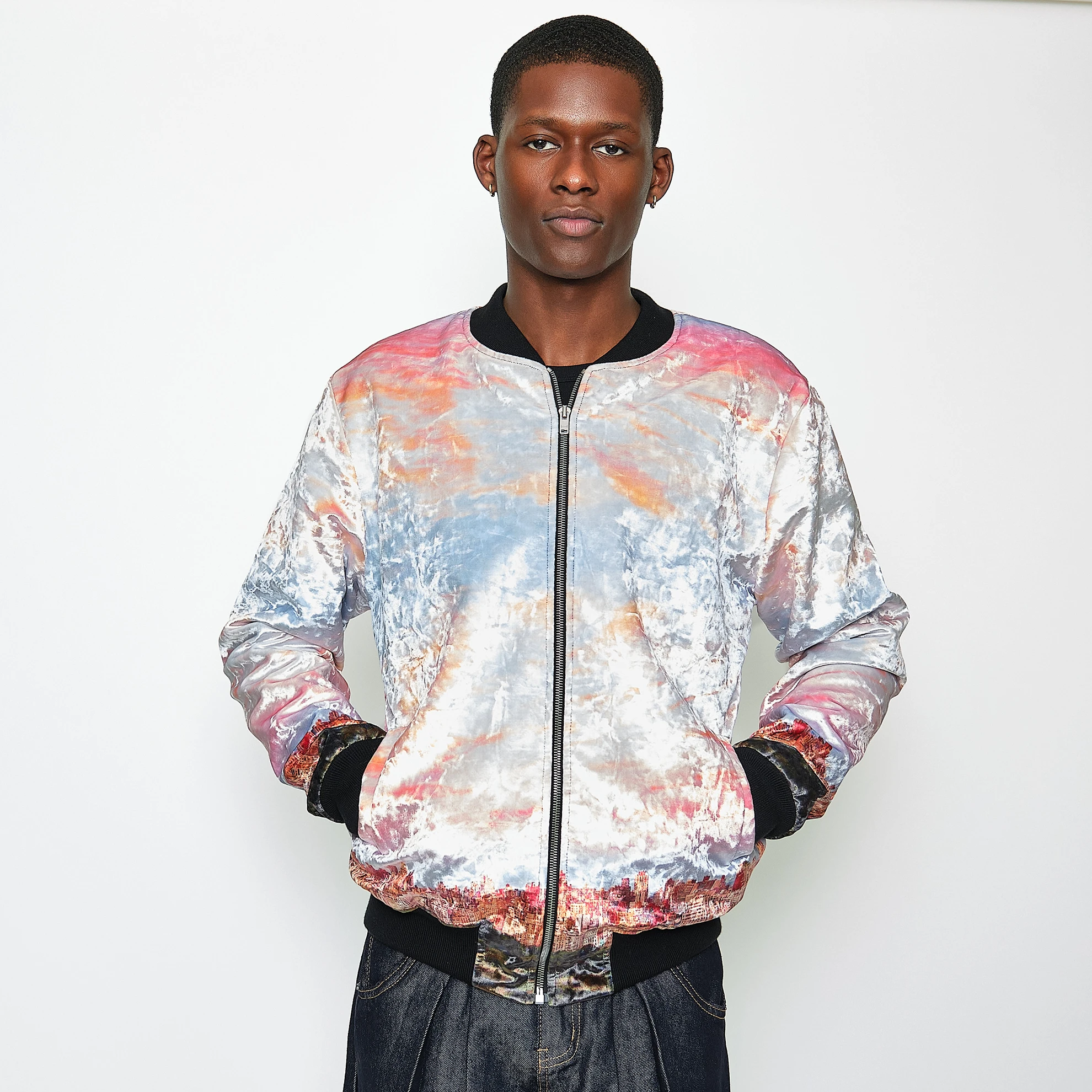 Contemporary Pastel Cityscape Crushed Velvet Bomber Jacket, Men’s M - Image 2