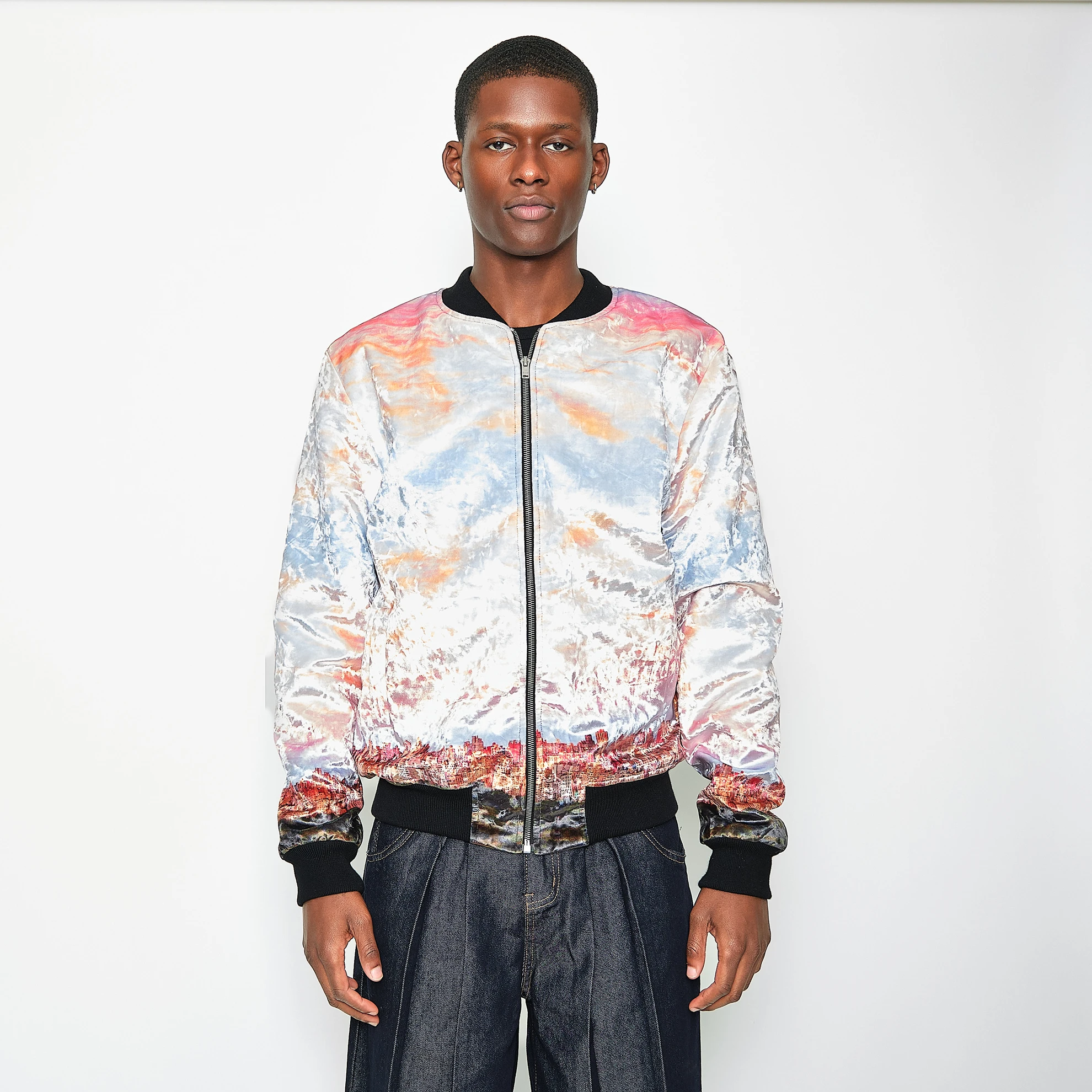 Contemporary Pastel Cityscape Crushed Velvet Bomber Jacket, Men’s M