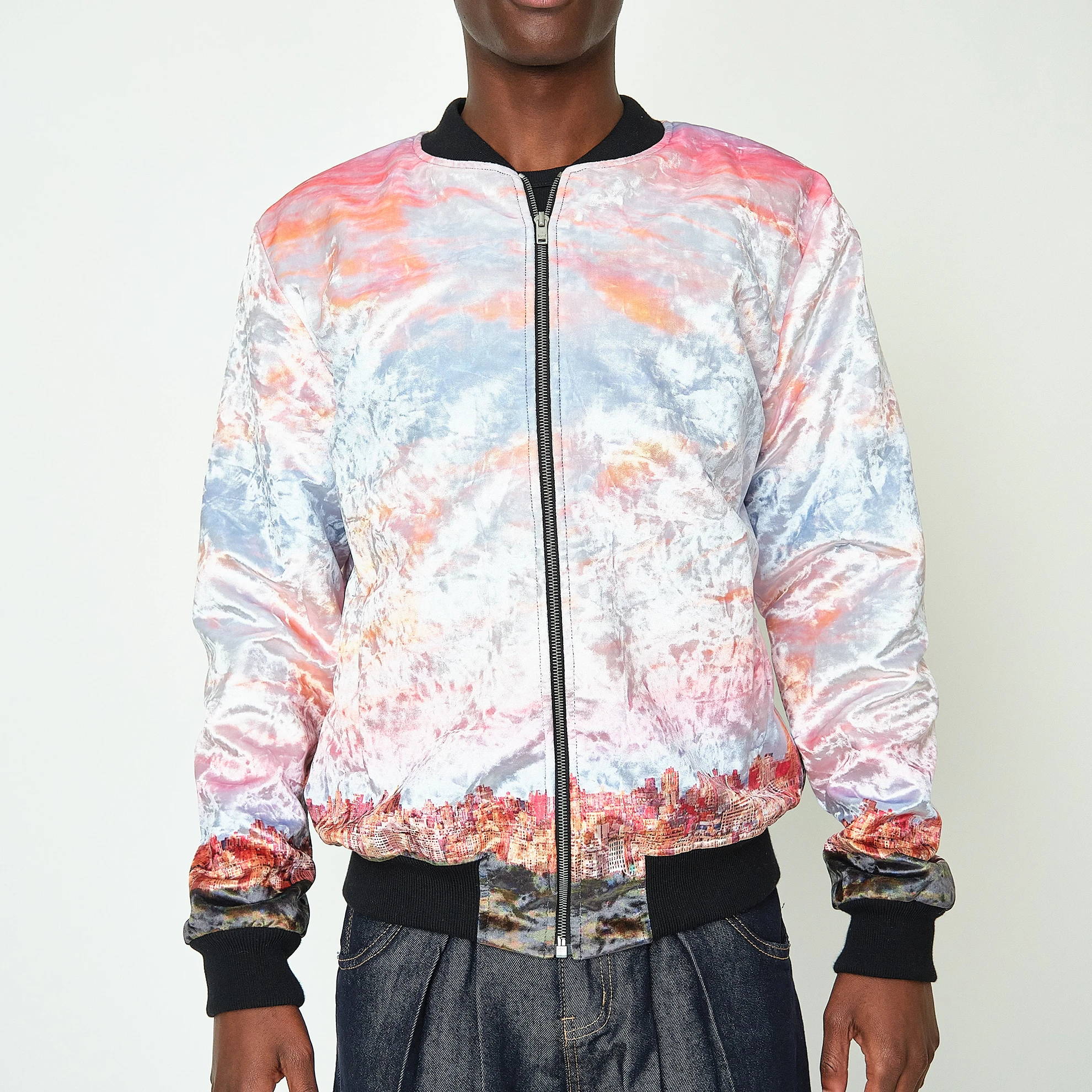 Contemporary Pastel Cityscape Crushed Velvet Bomber Jacket, Men’s M - Image 9