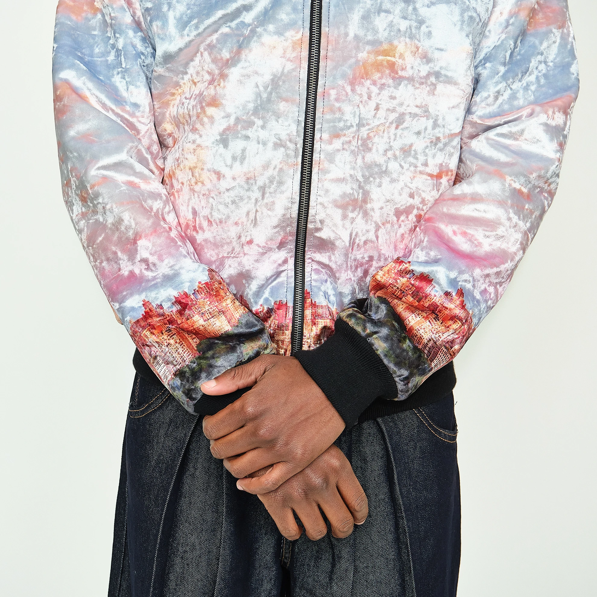 Contemporary Pastel Cityscape Crushed Velvet Bomber Jacket, Men’s M - Image 8