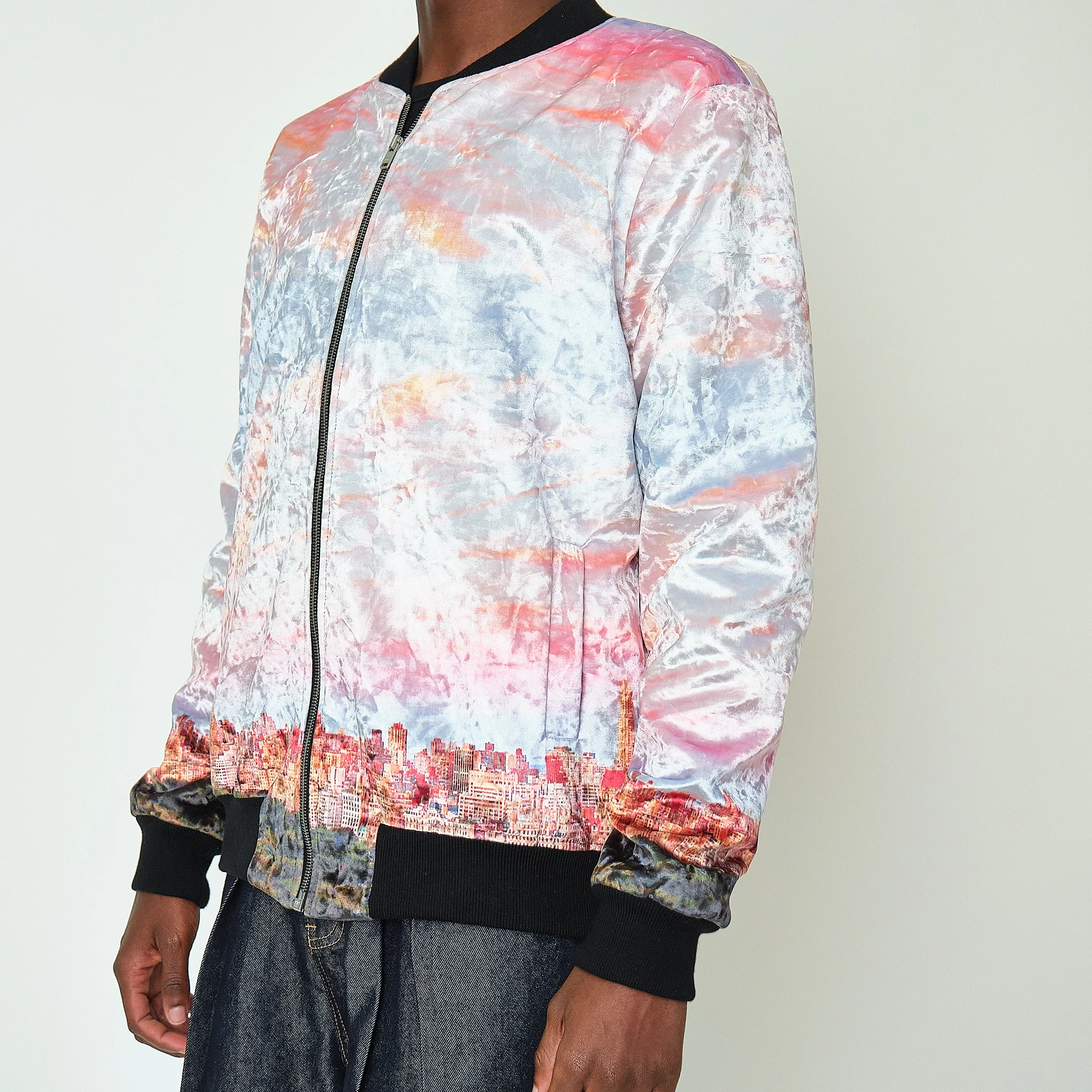 Contemporary Pastel Cityscape Crushed Velvet Bomber Jacket, Men’s M - Image 7