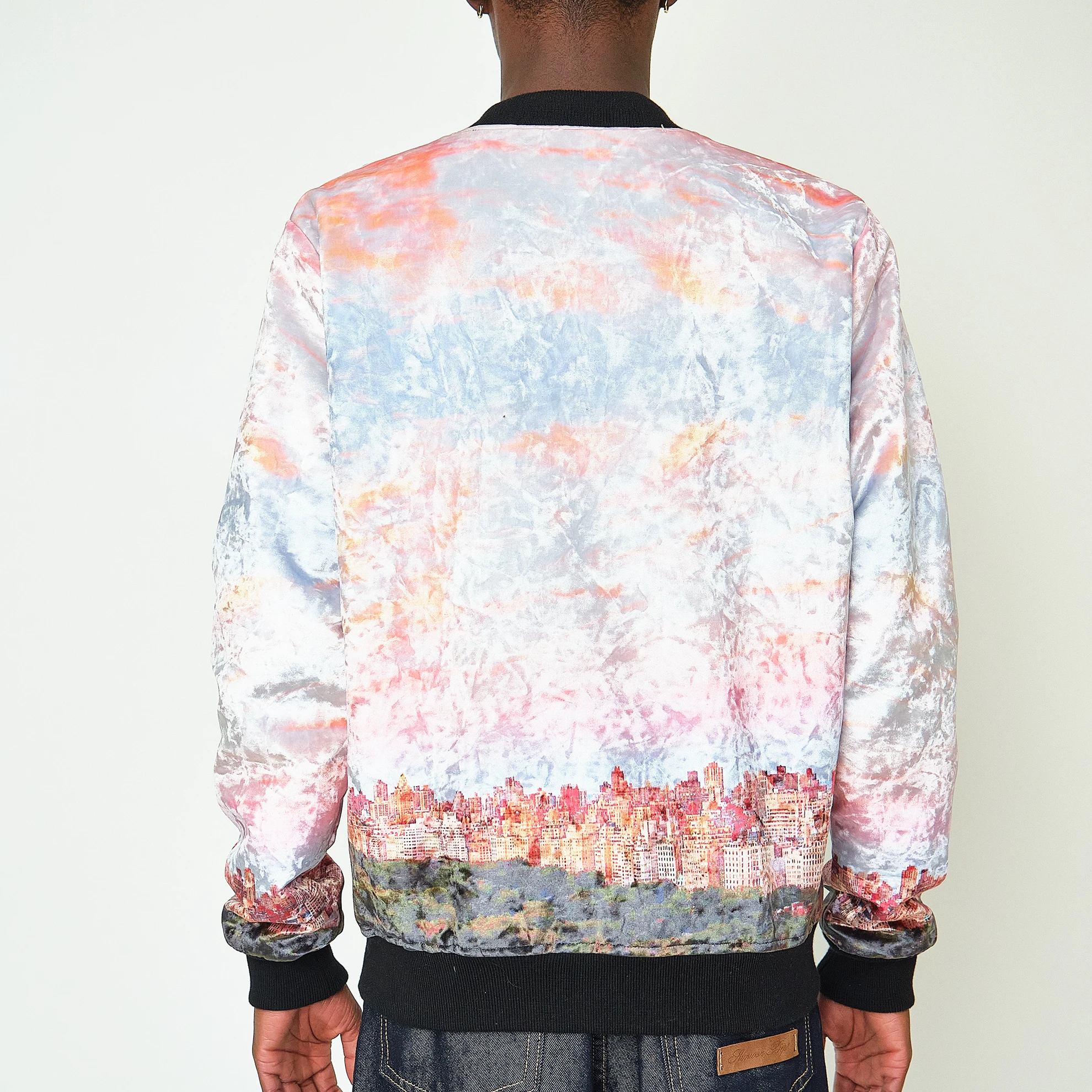 Contemporary Pastel Cityscape Crushed Velvet Bomber Jacket, Men’s M - Image 6