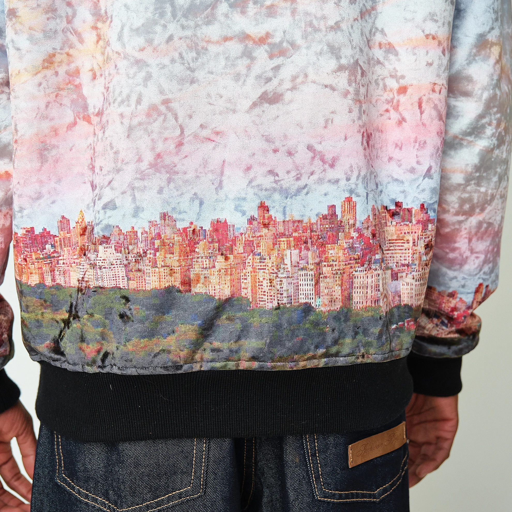 Contemporary Pastel Cityscape Crushed Velvet Bomber Jacket, Men’s M - Image 5