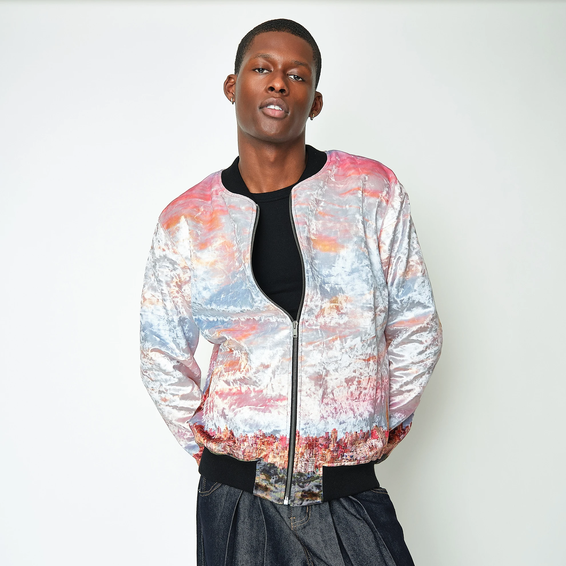 Contemporary Pastel Cityscape Crushed Velvet Bomber Jacket, Men’s M - Image 4