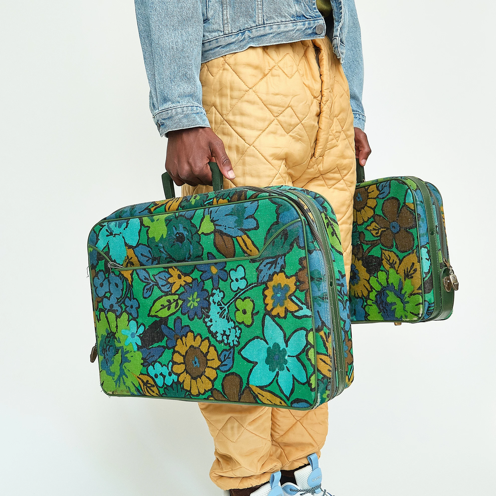 1960s Color-Mates Turquoise Floral Two-Piece Luggage Set