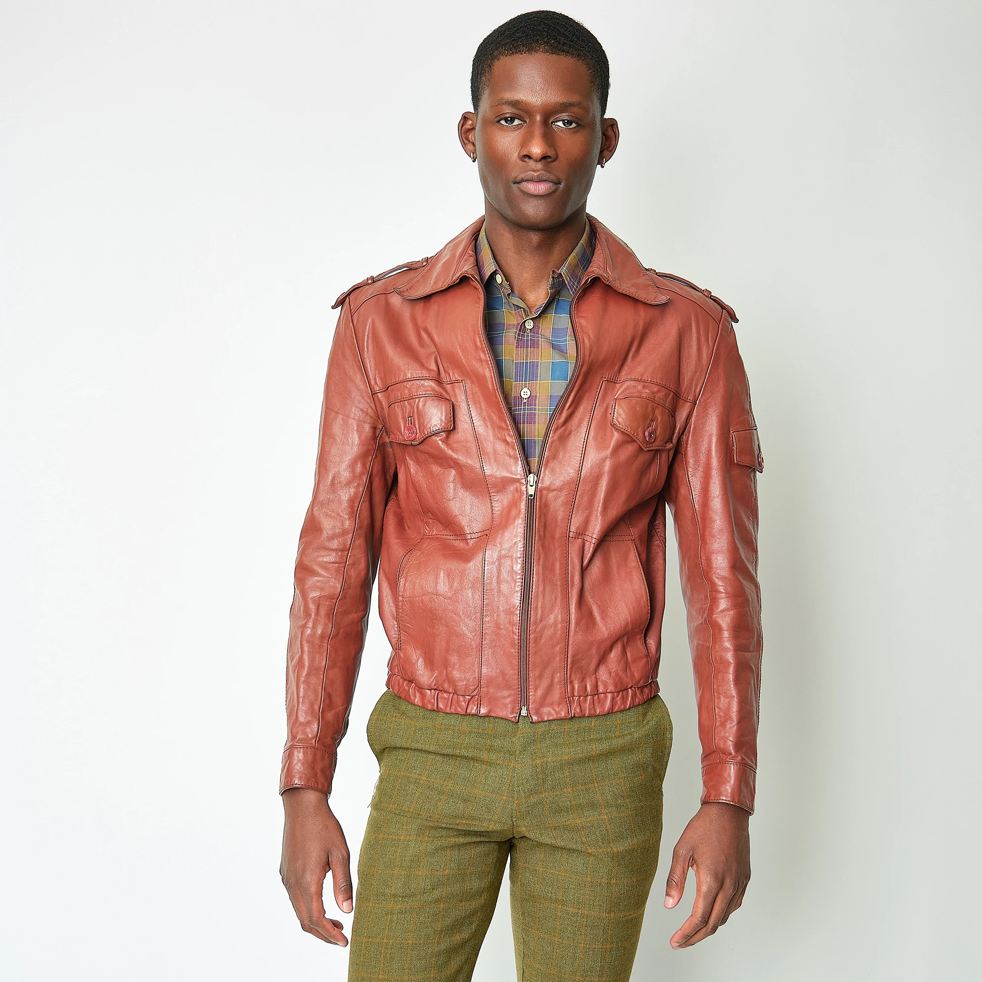 Late 1970s/Early 1980s Rust Brown Leather Military-Inspired Jacket, Modern Unisex S
