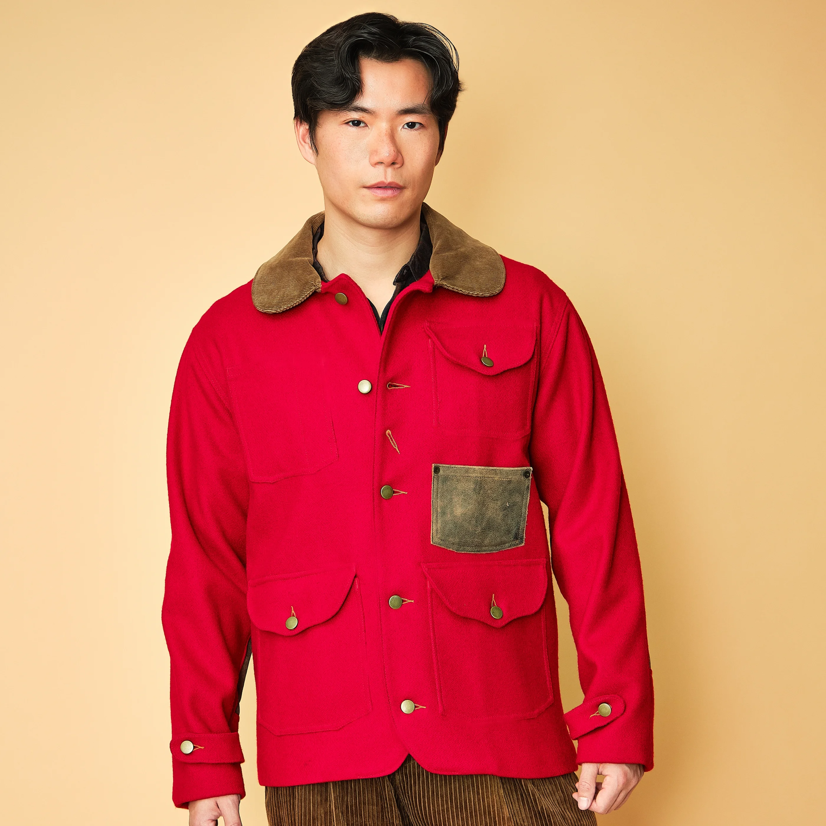 1980s/1990s Red Wool Hunting Jacket with Corduroy Collar & Leather Patches