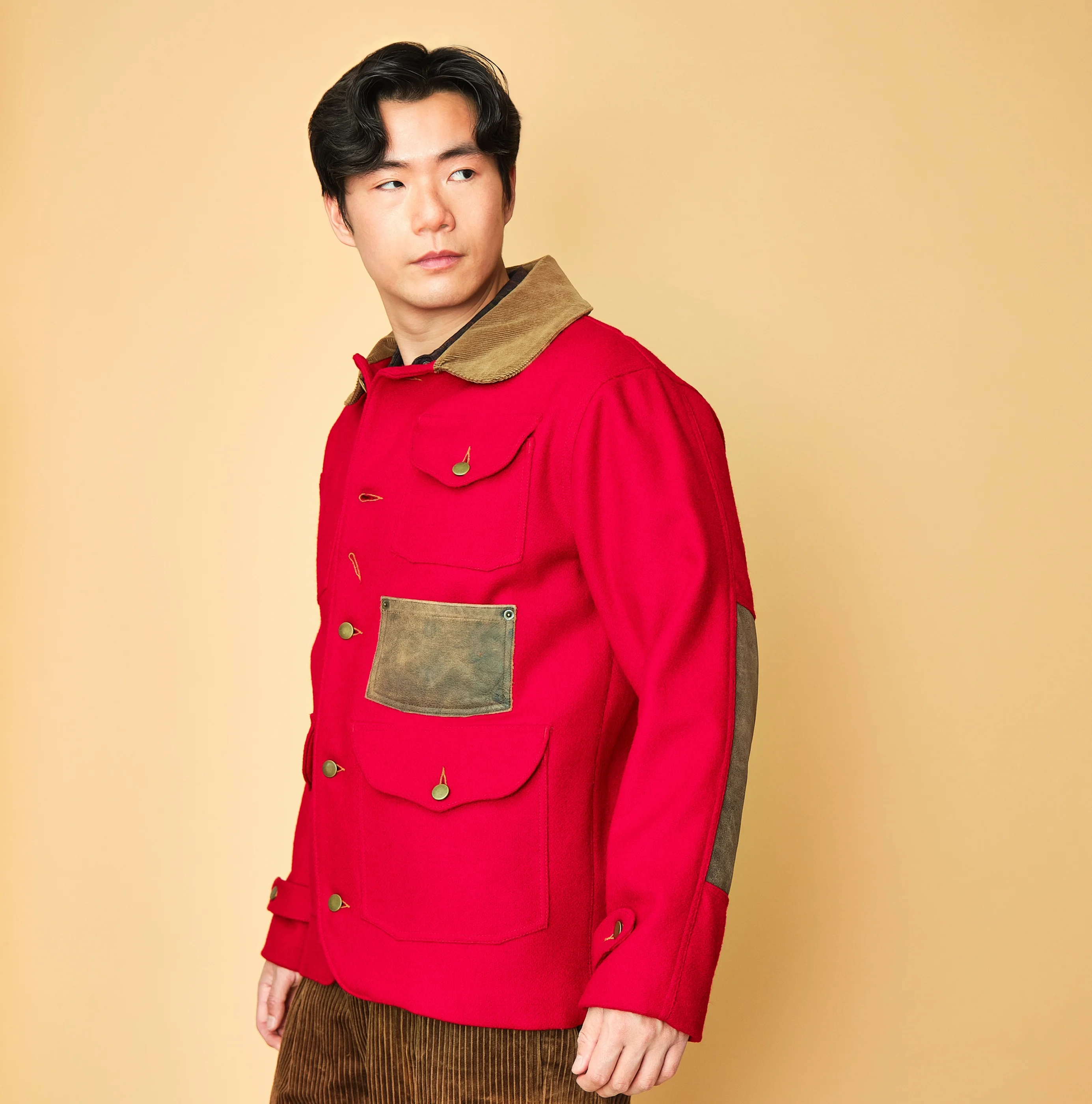 1980s/1990s Red Wool Hunting Jacket with Corduroy Collar & Leather Patches - Image 10