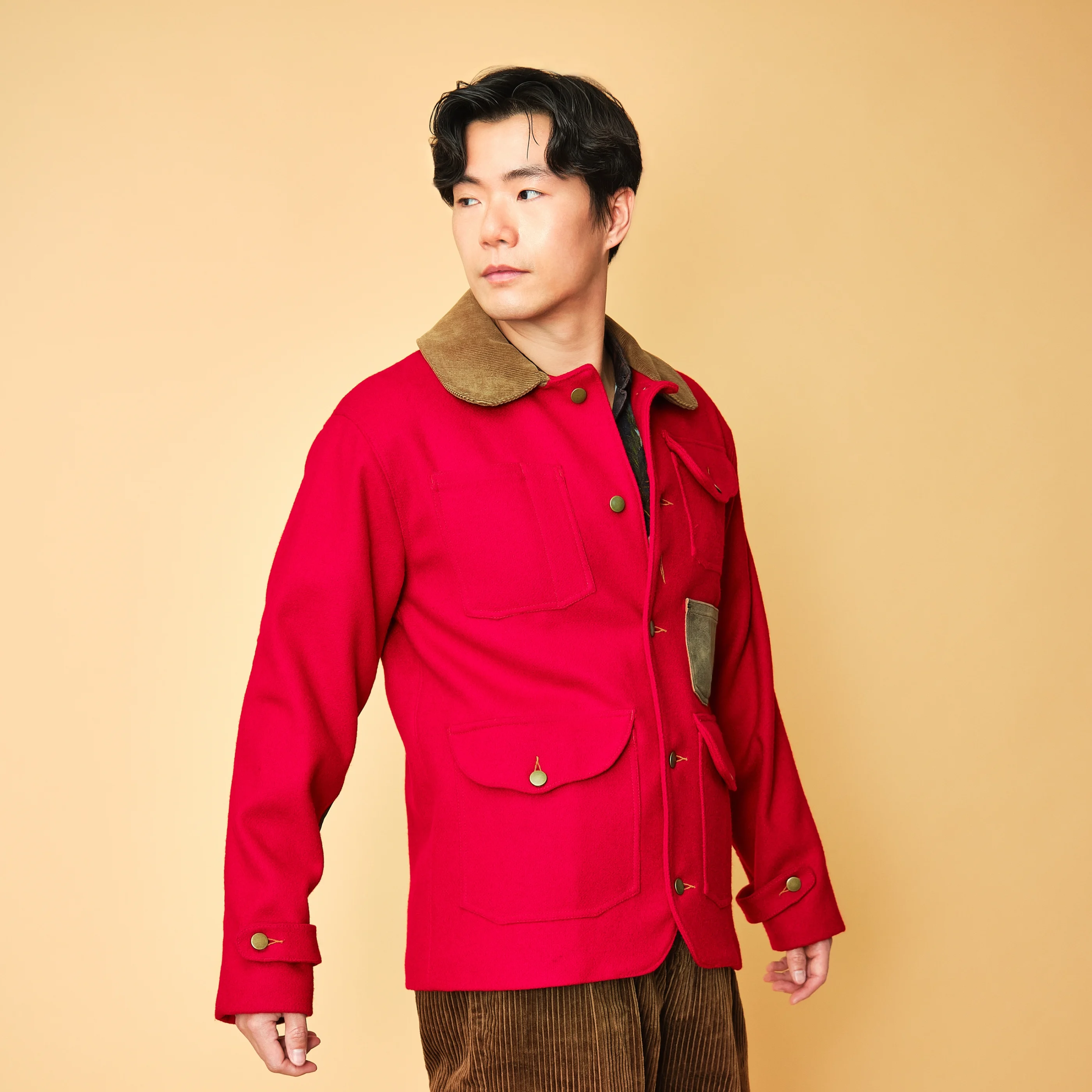 1980s/1990s Red Wool Hunting Jacket with Corduroy Collar & Leather Patches - Image 9