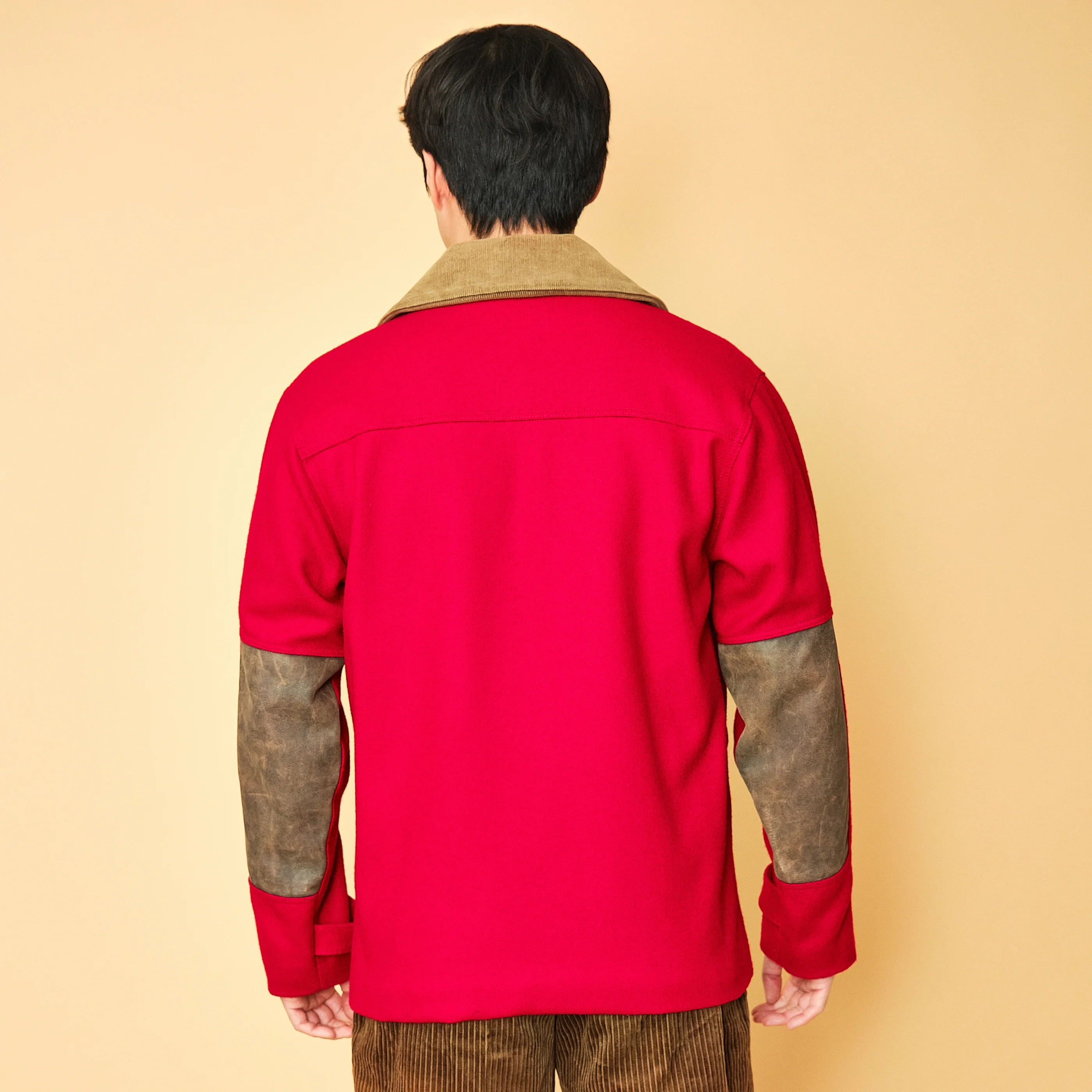 1980s/1990s Red Wool Hunting Jacket with Corduroy Collar & Leather Patches - Image 8