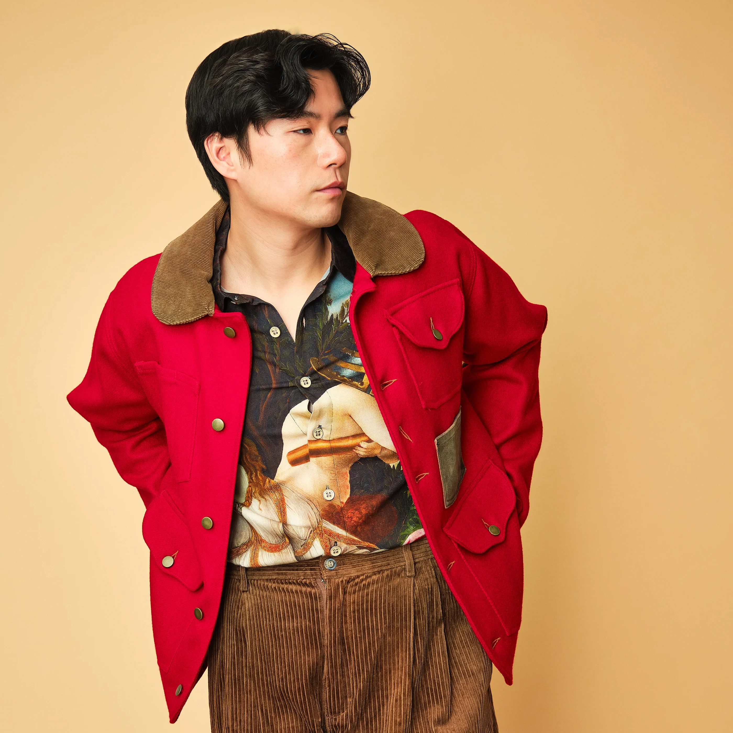 1980s/1990s Red Wool Hunting Jacket with Corduroy Collar & Leather Patches - Image 4