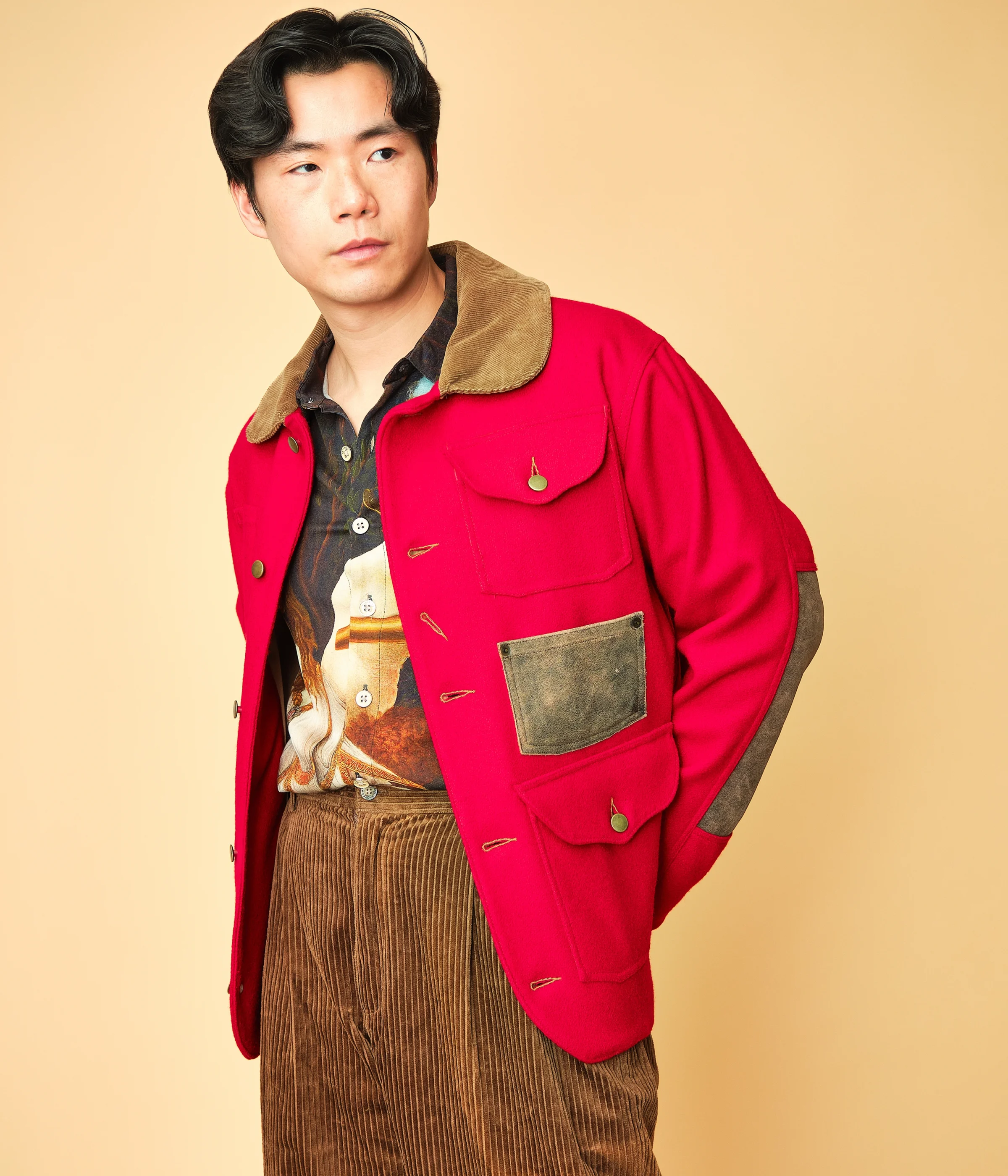 1980s/1990s Red Wool Hunting Jacket with Corduroy Collar & Leather Patches - Image 3