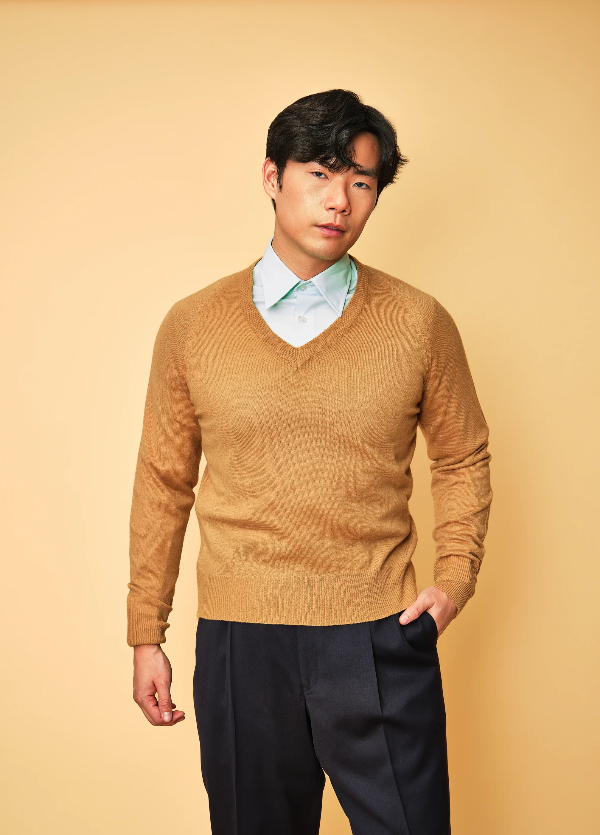 Vintage Camel V-Neck Sweater by Komon – Men’s Medium - Image 14