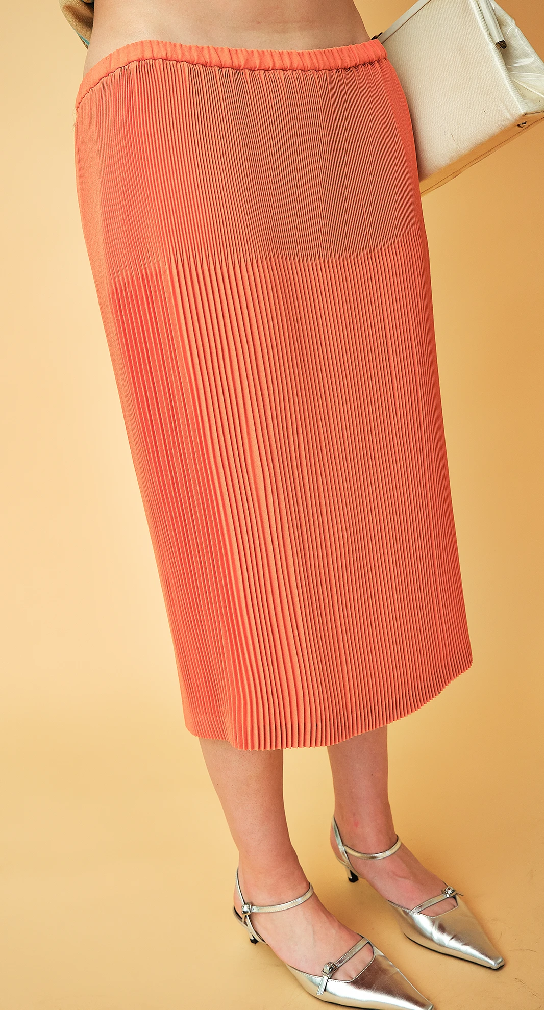 1980s Chaque-Fois by Glanna Coral Orange Pleated Midi Skirt, Size 14