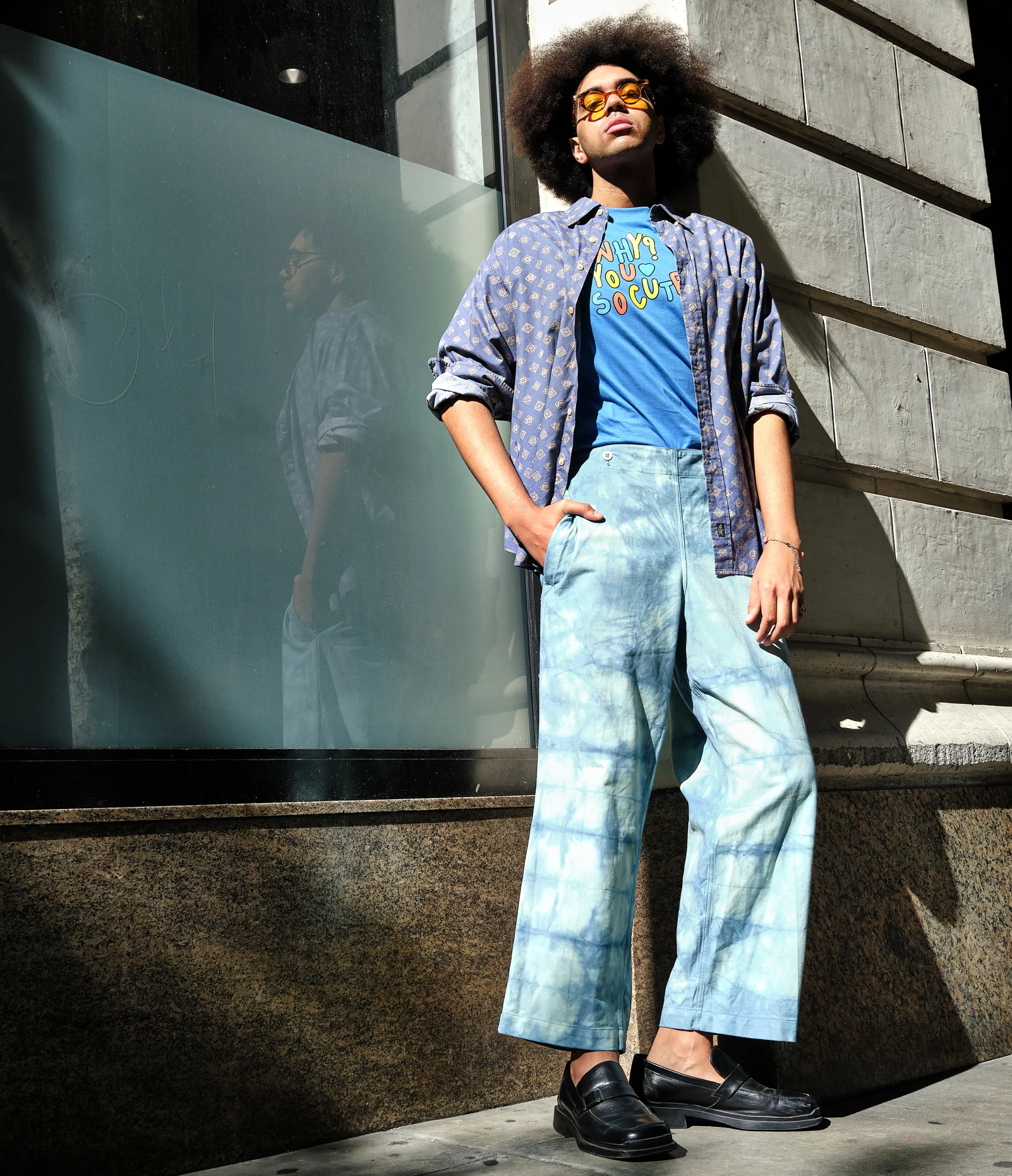 1990s Slate Blue Geometric Print Button-Front Shirt, Modern Men’s M/L - Image 2