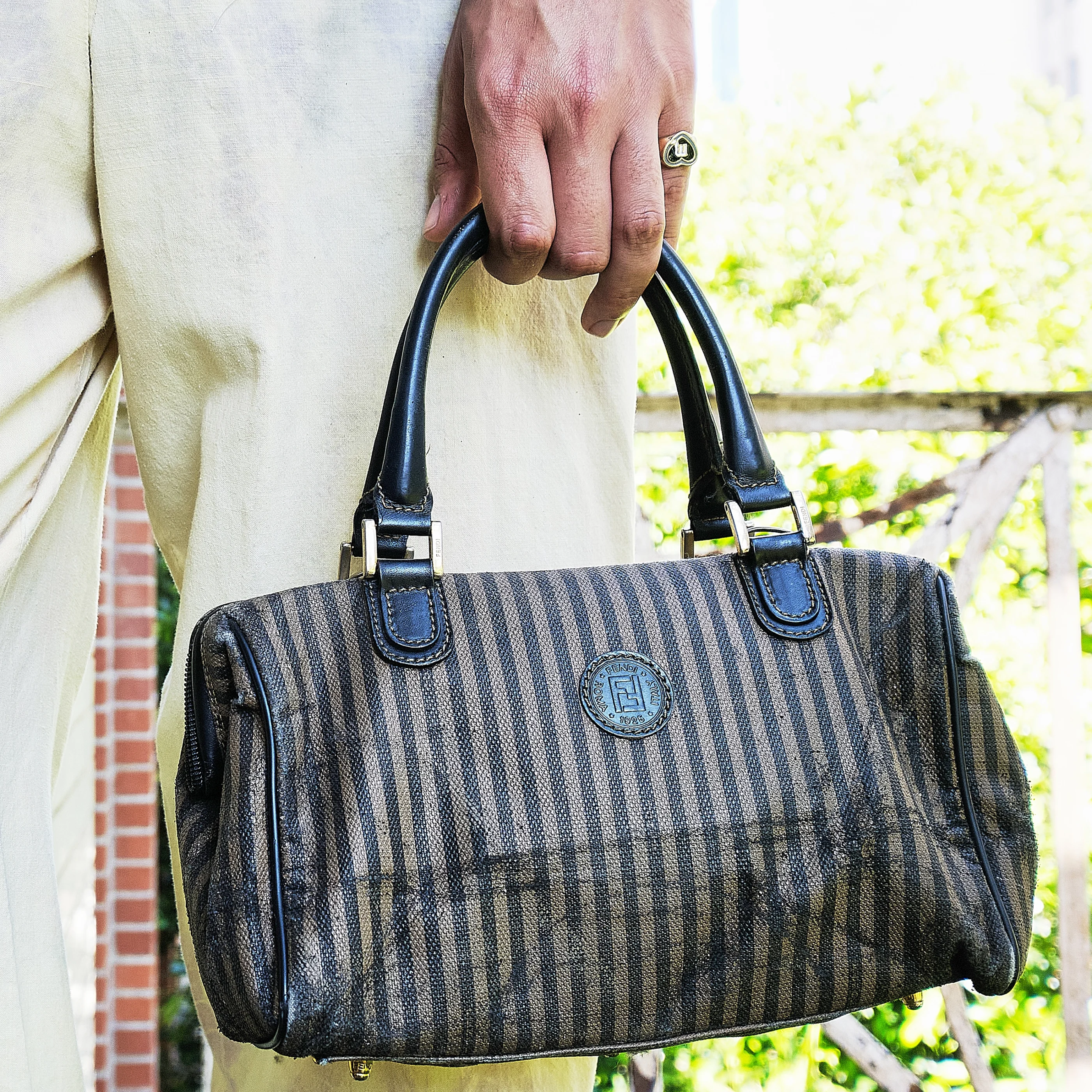 Vintage Fendi Pequin Stripe Boston Doctor Bag in Black & Taupe