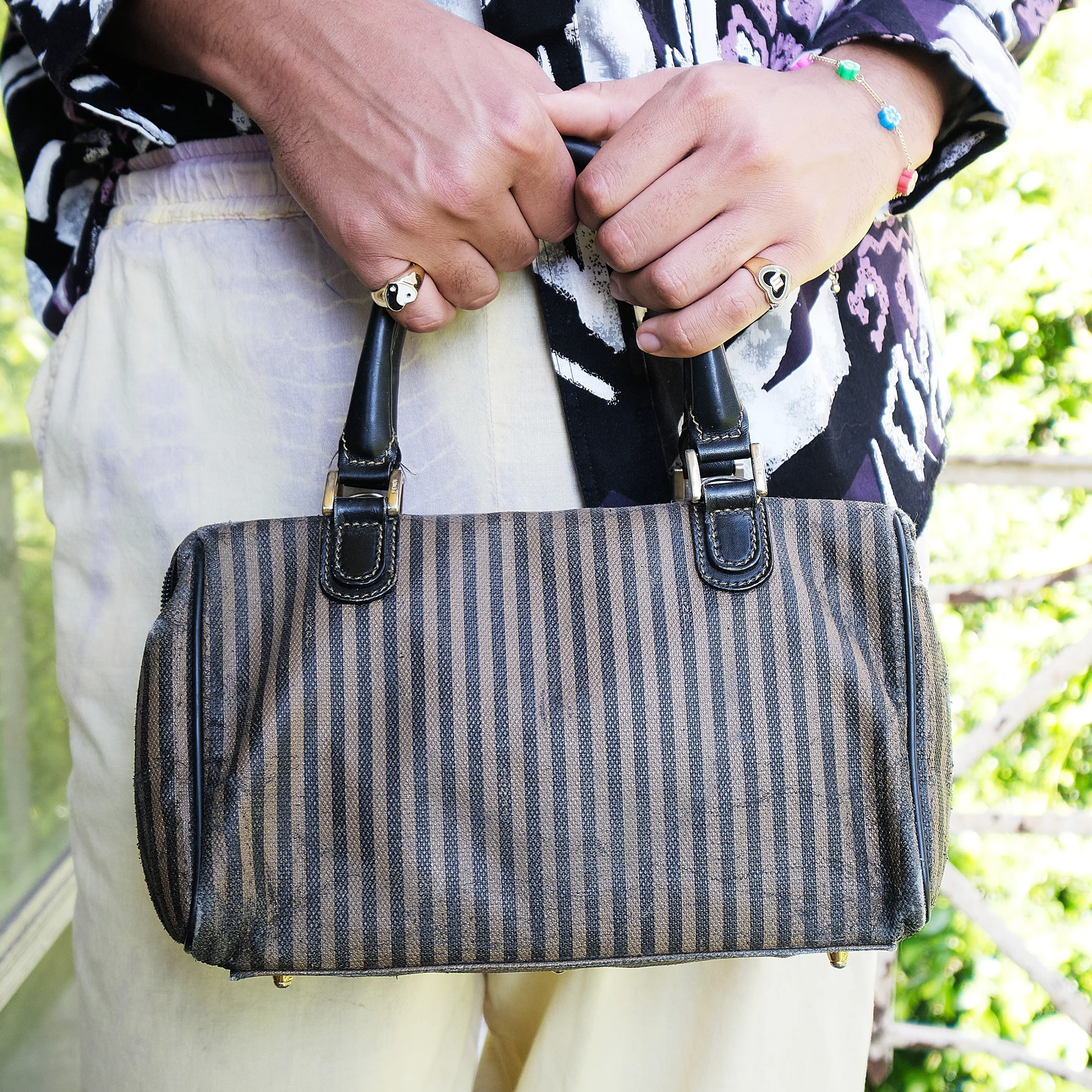 Vintage Fendi Pequin Stripe Boston Doctor Bag in Black & Taupe - Image 4