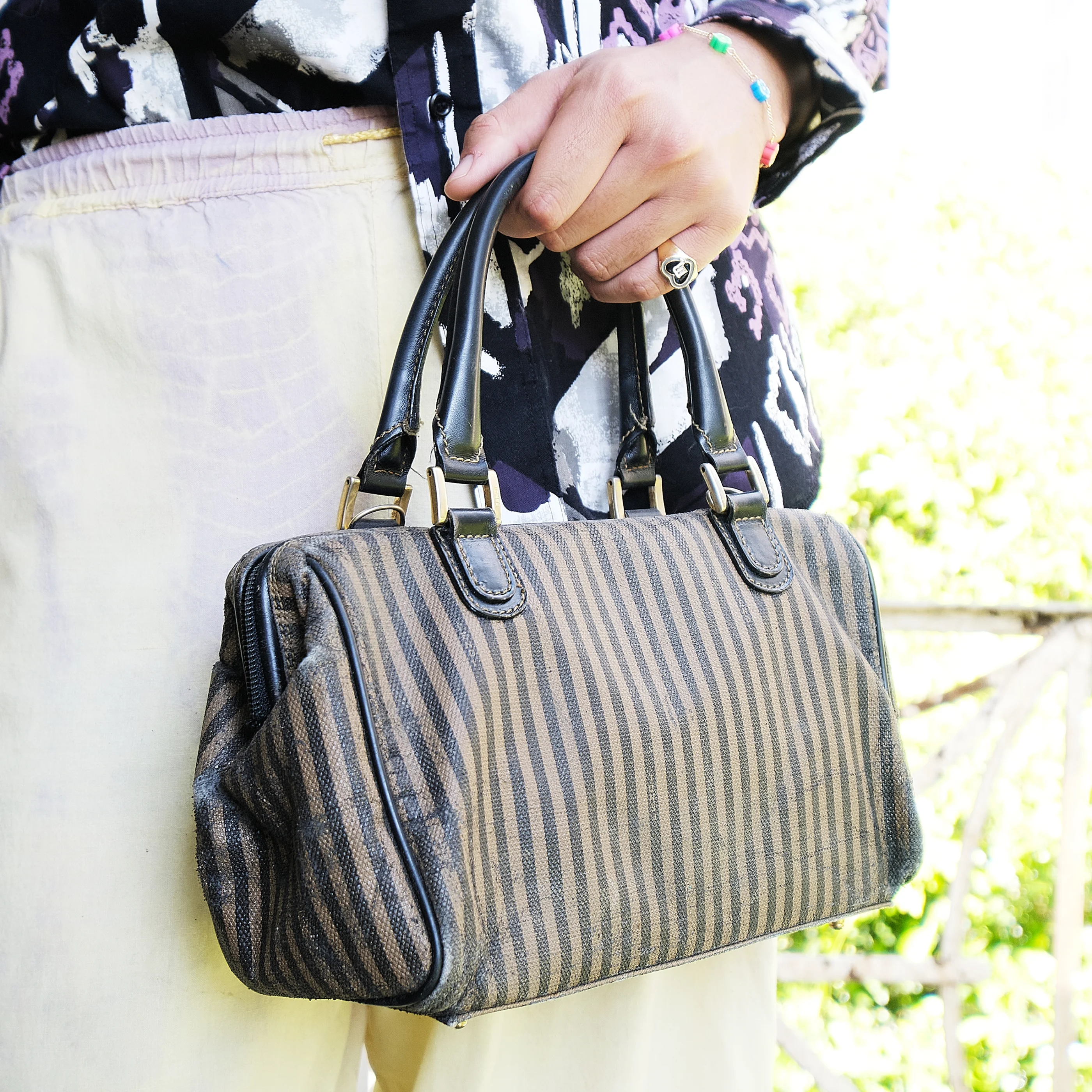 Vintage Fendi Pequin Stripe Boston Doctor Bag in Black & Taupe - Image 5