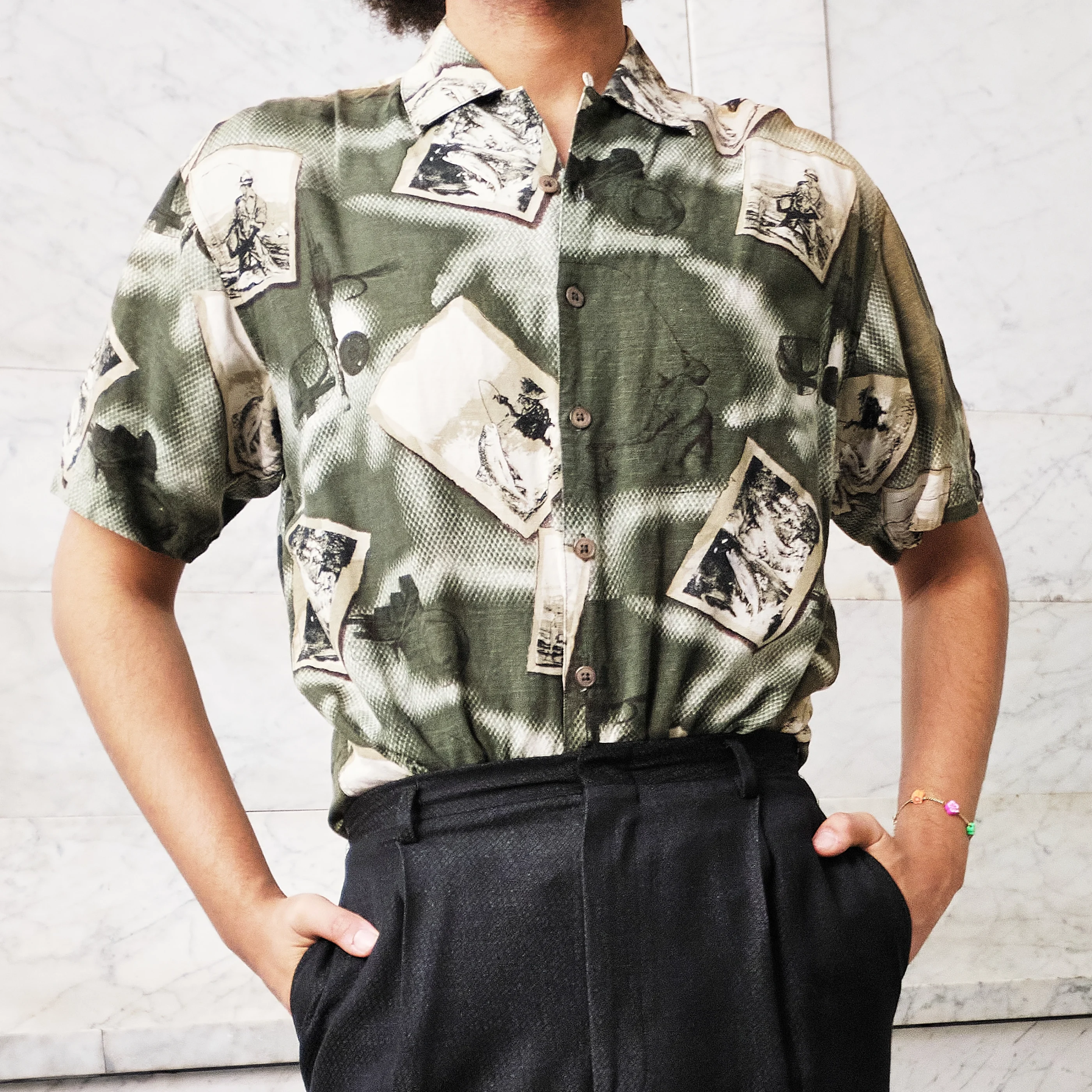 1990s Olive Scenic Collage Print Short-Sleeve Shirt, Modern Men’s M/L - Image 8