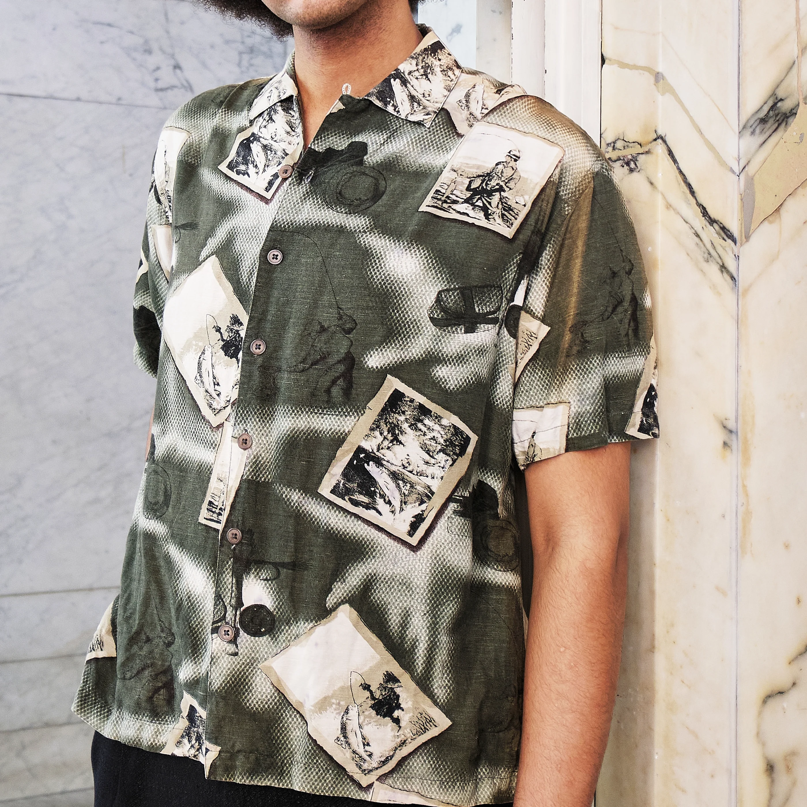 1990s Olive Scenic Collage Print Short-Sleeve Shirt, Modern Men’s M/L - Image 6