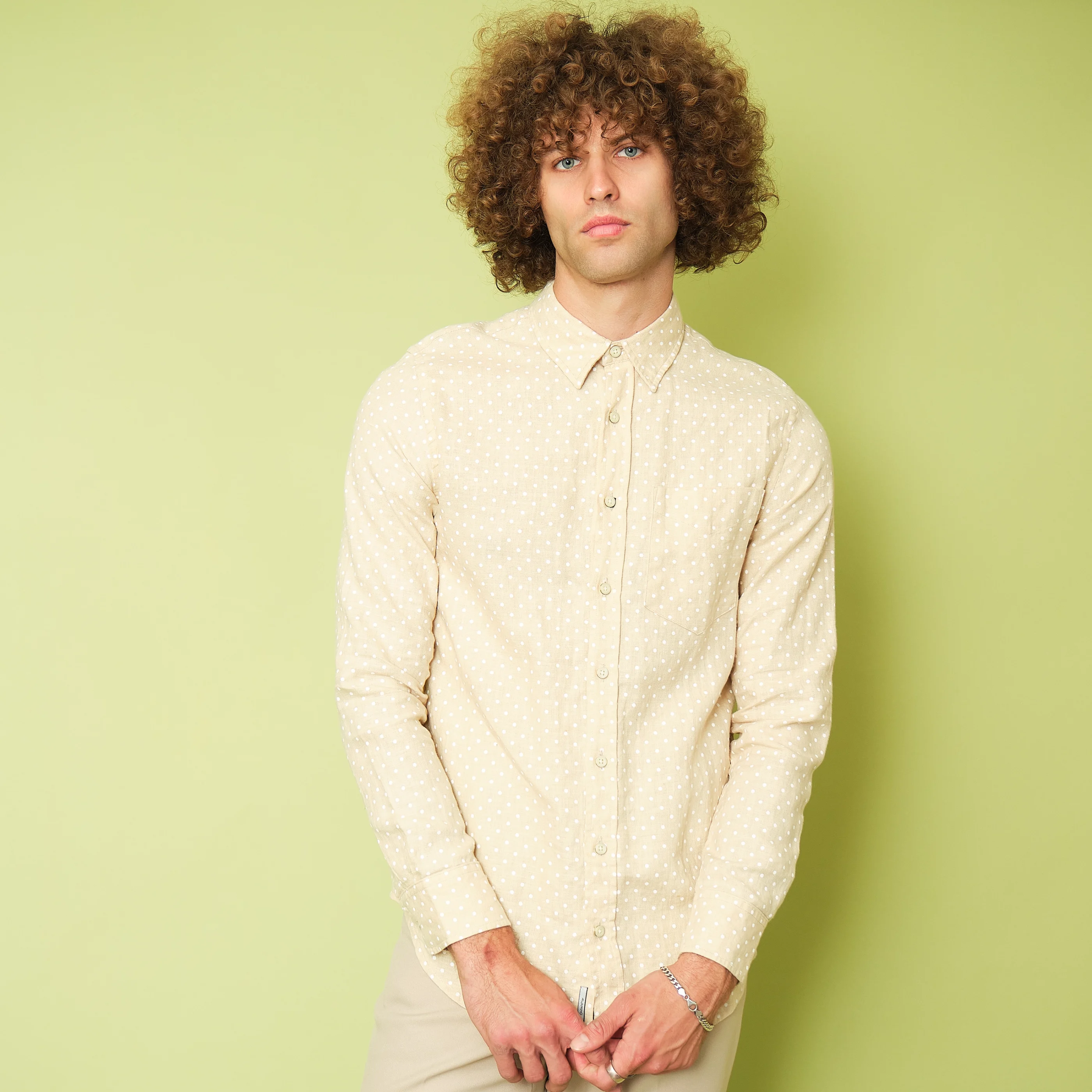 Contemporary Beige Polka Dot Long Sleeve Button-Up Shirt – Modern Men’s M - Image 2