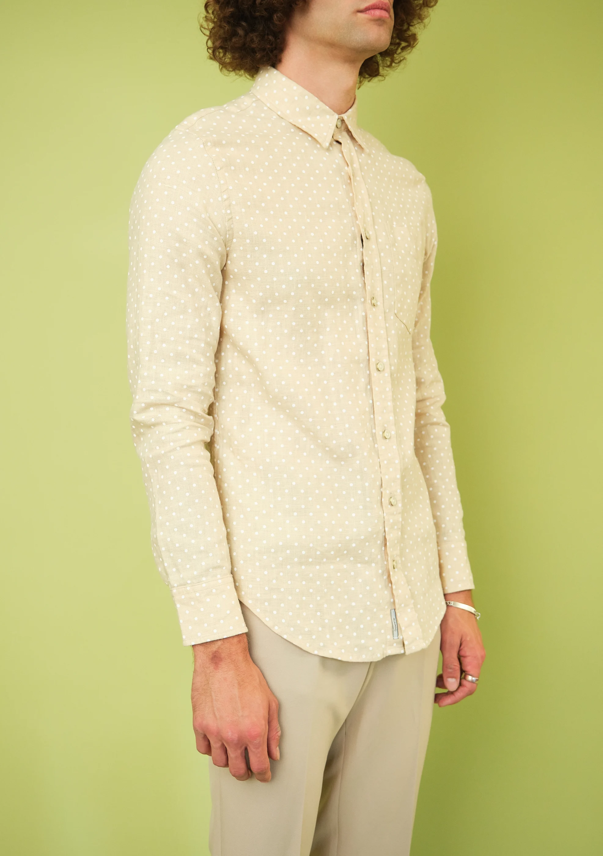 Contemporary Beige Polka Dot Long Sleeve Button-Up Shirt – Modern Men’s M - Image 5
