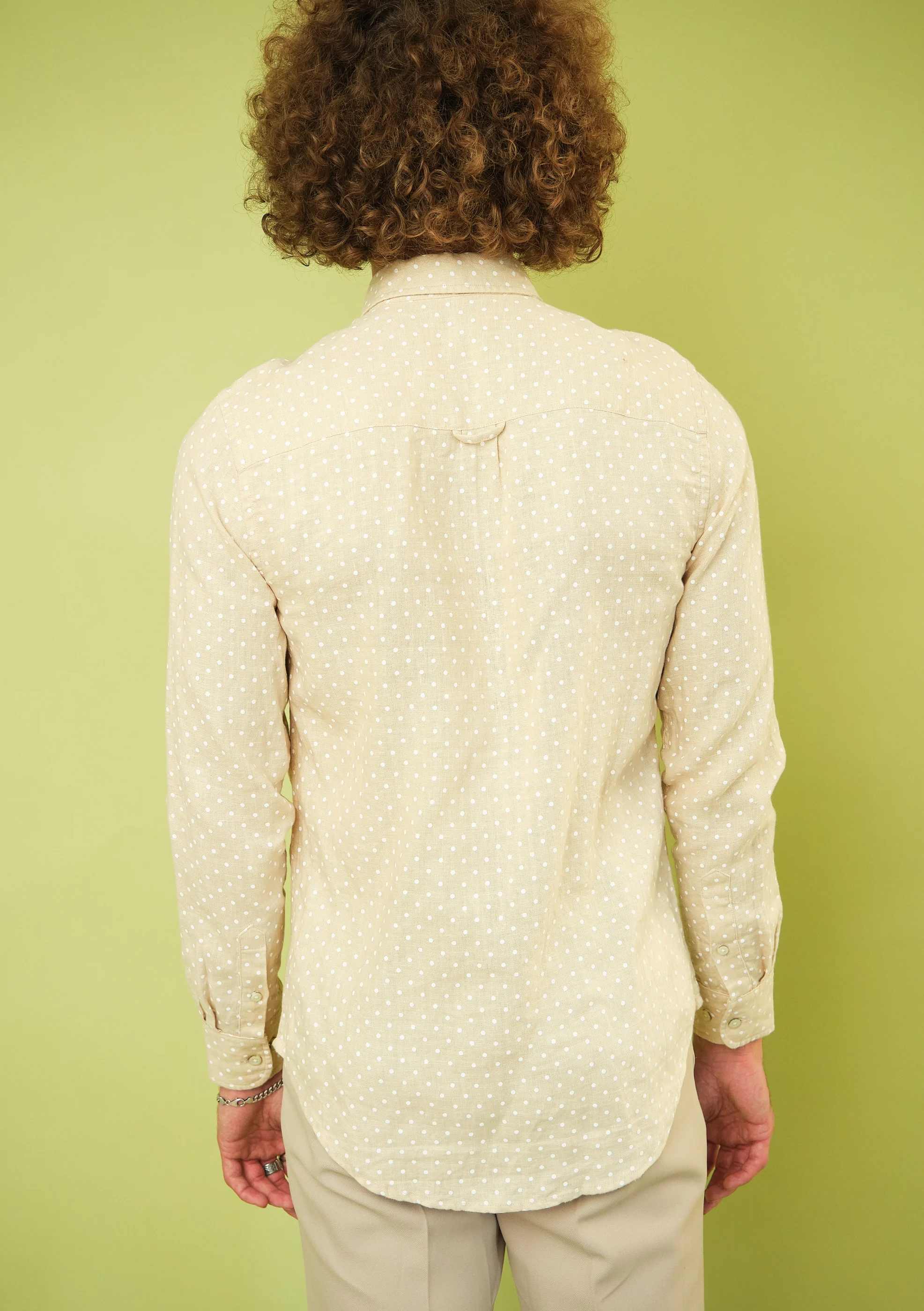 Contemporary Beige Polka Dot Long Sleeve Button-Up Shirt – Modern Men’s M - Image 3