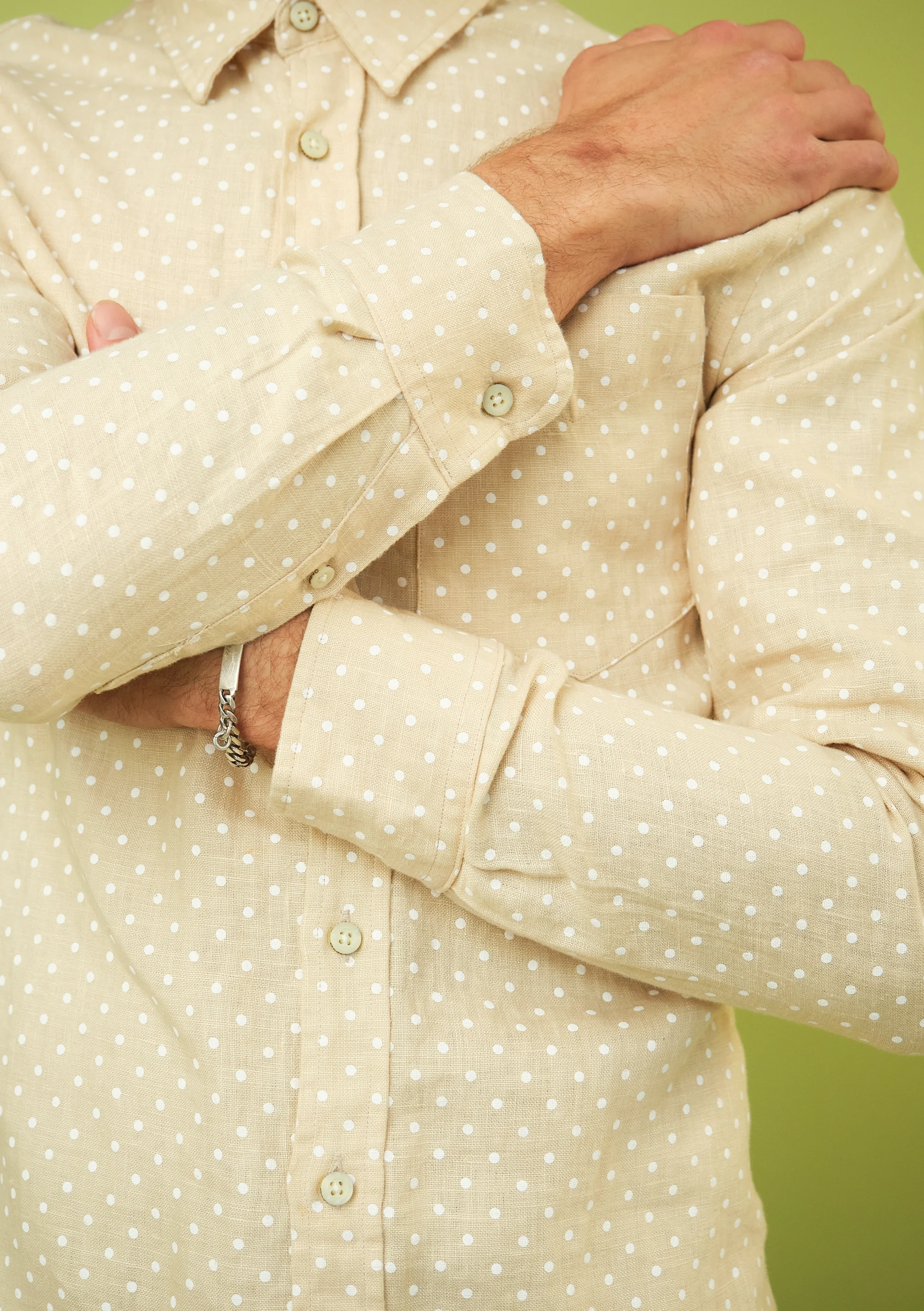 Contemporary Beige Polka Dot Long Sleeve Button-Up Shirt – Modern Men’s M - Image 4