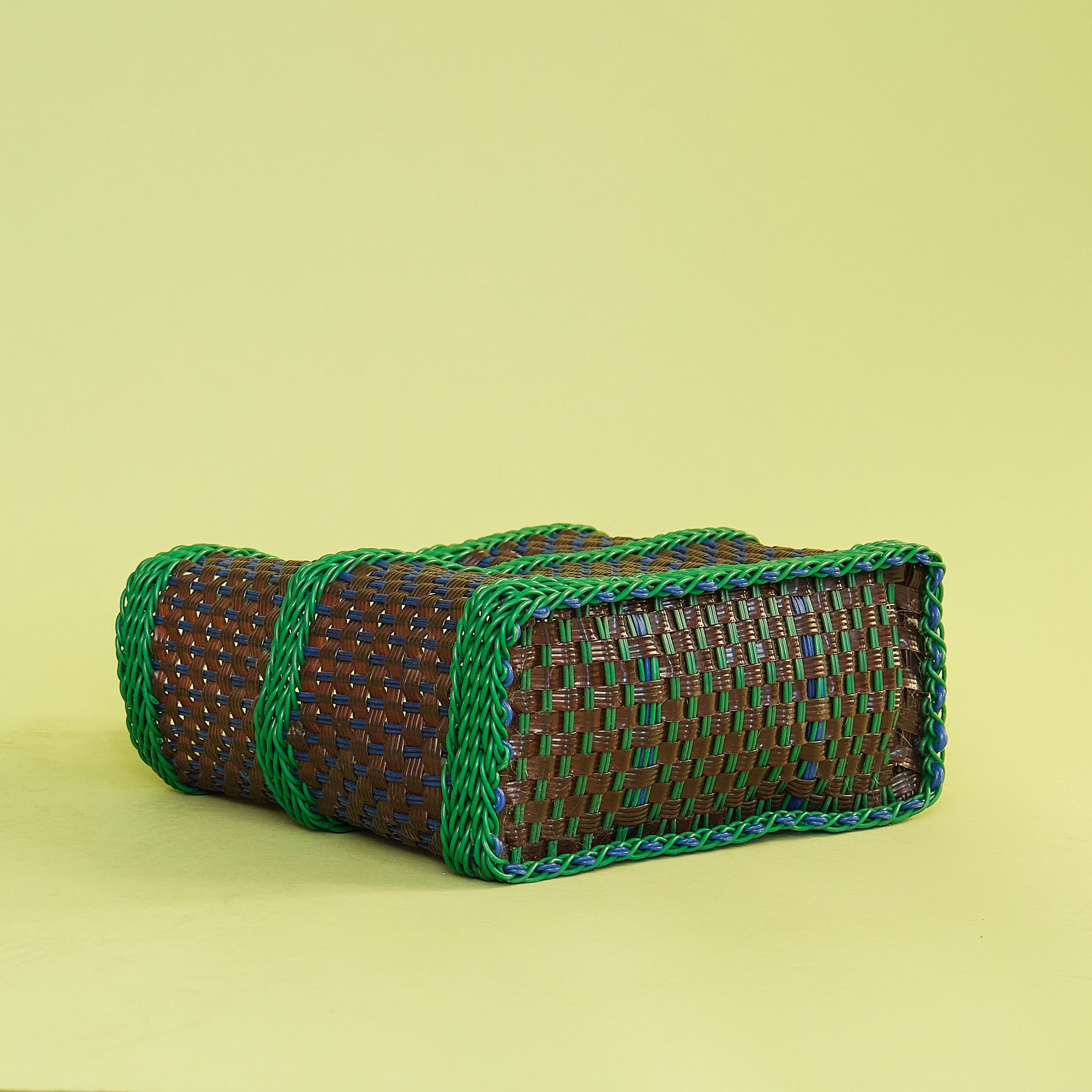 Handwoven Green Brown Blue Plastic Basket Tote Bag - Image 3