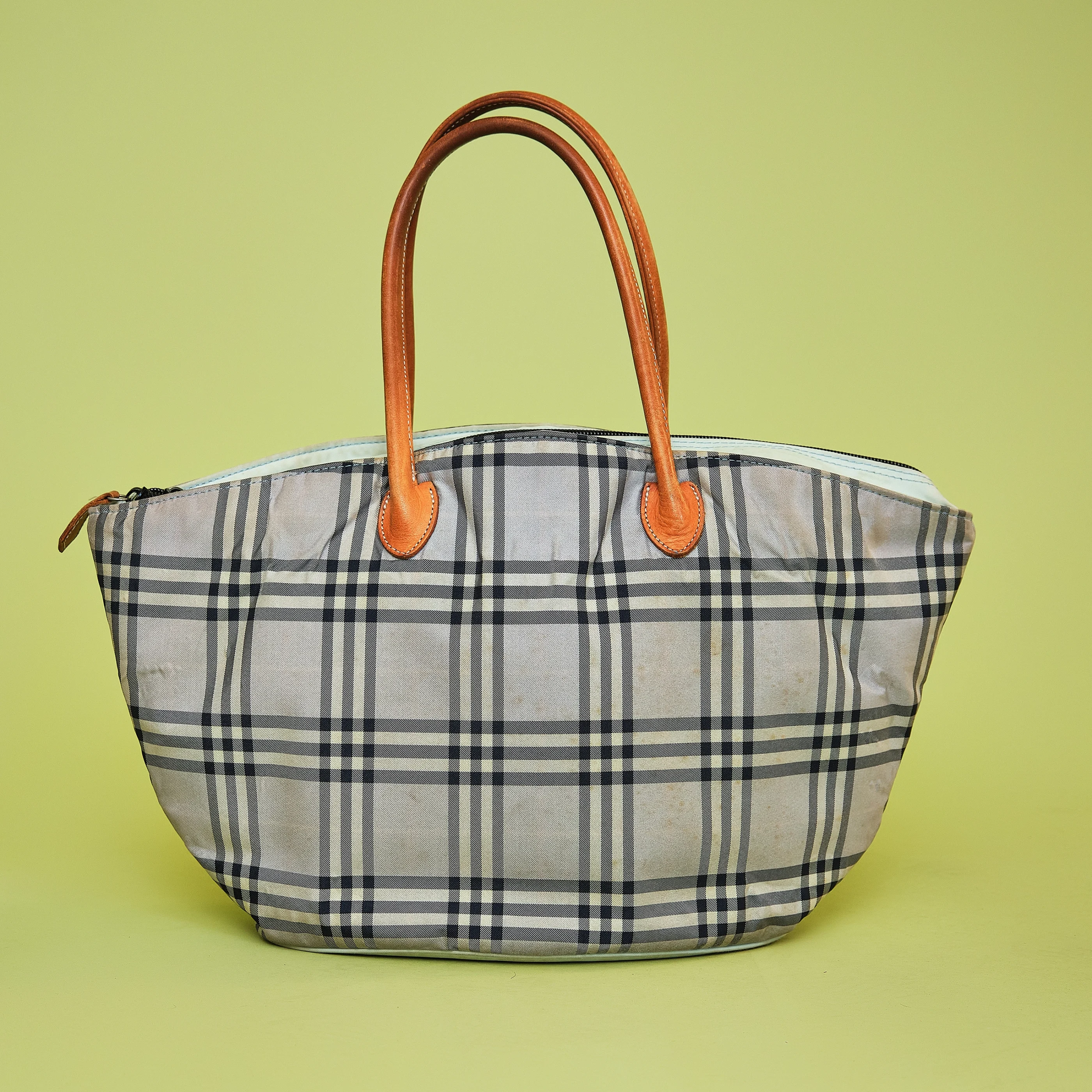 Vintage Burberry Nova Check Nylon Tote Bag with Leather Handles