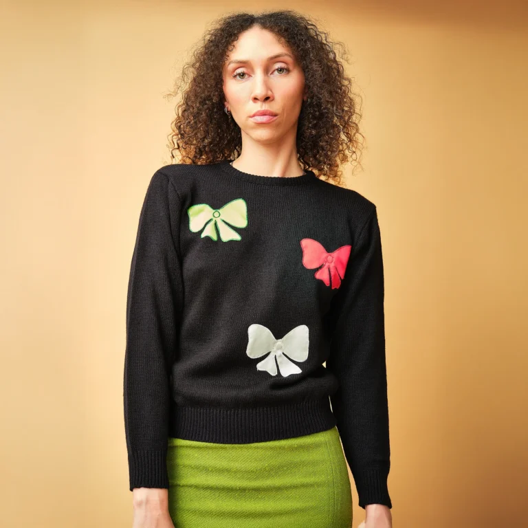1980s By Martini Black Bow Appliqué Acrylic Sweater, Small
